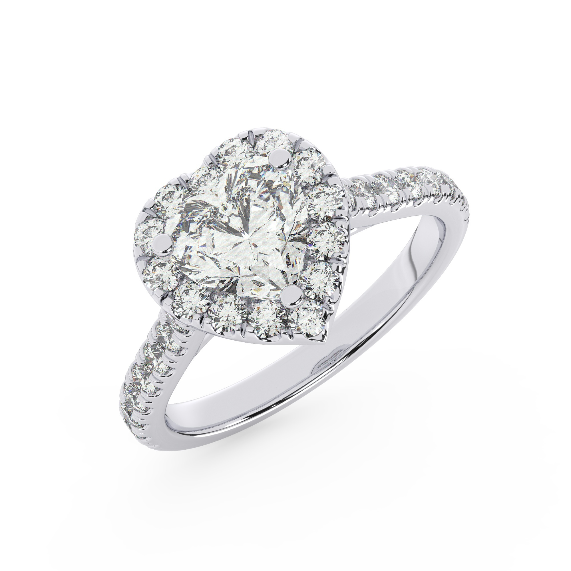 טבעת אירוסין היילו דגם 50026 זהב לבן 14 קראט במרכז זירקוניה 0.75 קראט בחיתוך לב מסביב ובצדדים זירקונים בחיתוך עגול