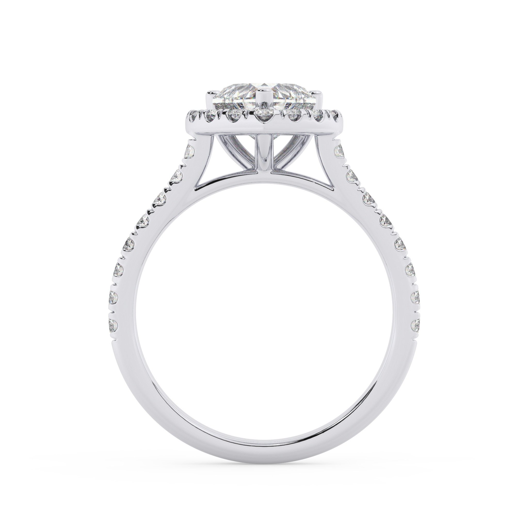 טבעת אירוסין היילו דגם 50026 זהב לבן 14 קראט במרכז זירקוניה 0.75 קראט בחיתוך לב מסביב ובצדדים זירקונים בחיתוך עגול – תמונה 3