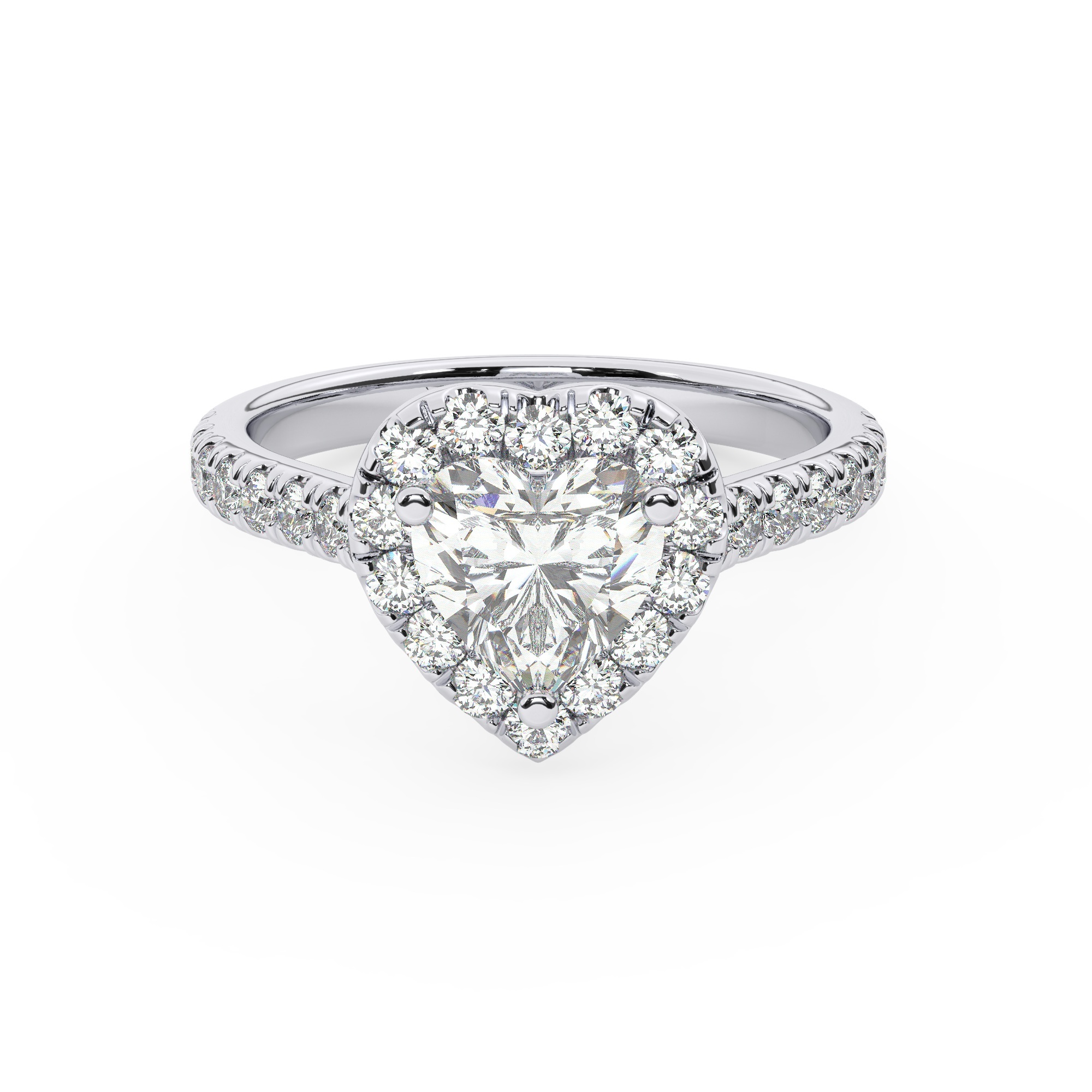 טבעת אירוסין היילו דגם 50026 זהב לבן 14 קראט במרכז זירקוניה 0.75 קראט בחיתוך לב מסביב ובצדדים זירקונים בחיתוך עגול – תמונה 2