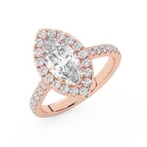 טבעת אירוסין היילו דגם 50026 כסף מצופה זהב אדום רוזגולד במרכז זירקוניה 1 קראט בחיתוך מרקיזה מסביב ובצדדים זירקונים בחיתוך עגול