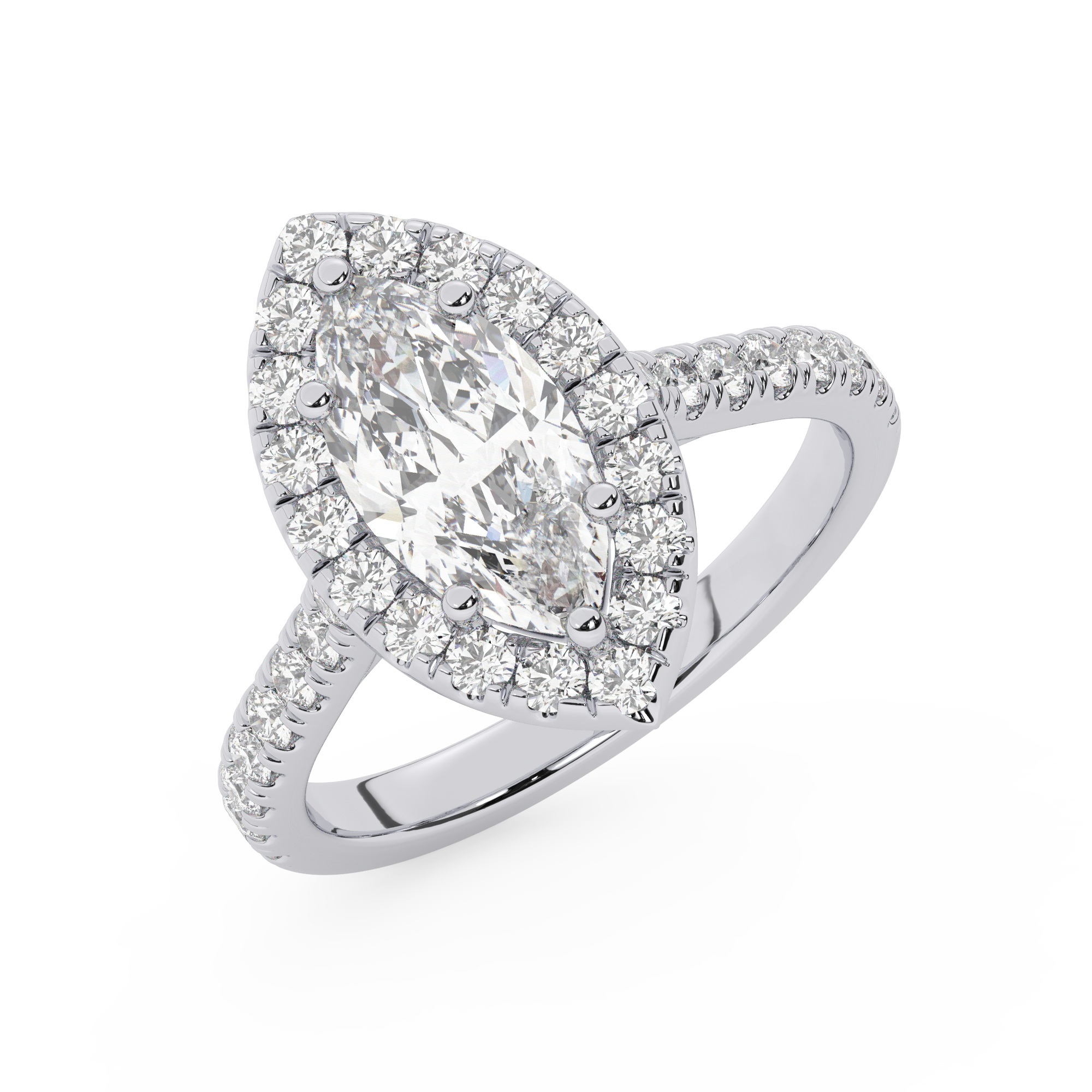 טבעת אירוסין היילו דגם 50026 כסף מצופה זהב לבן במרכז זירקוניה 1 קראט בחיתוך מרקיזה מסביב ובצדדים זירקונים בחיתוך עגול