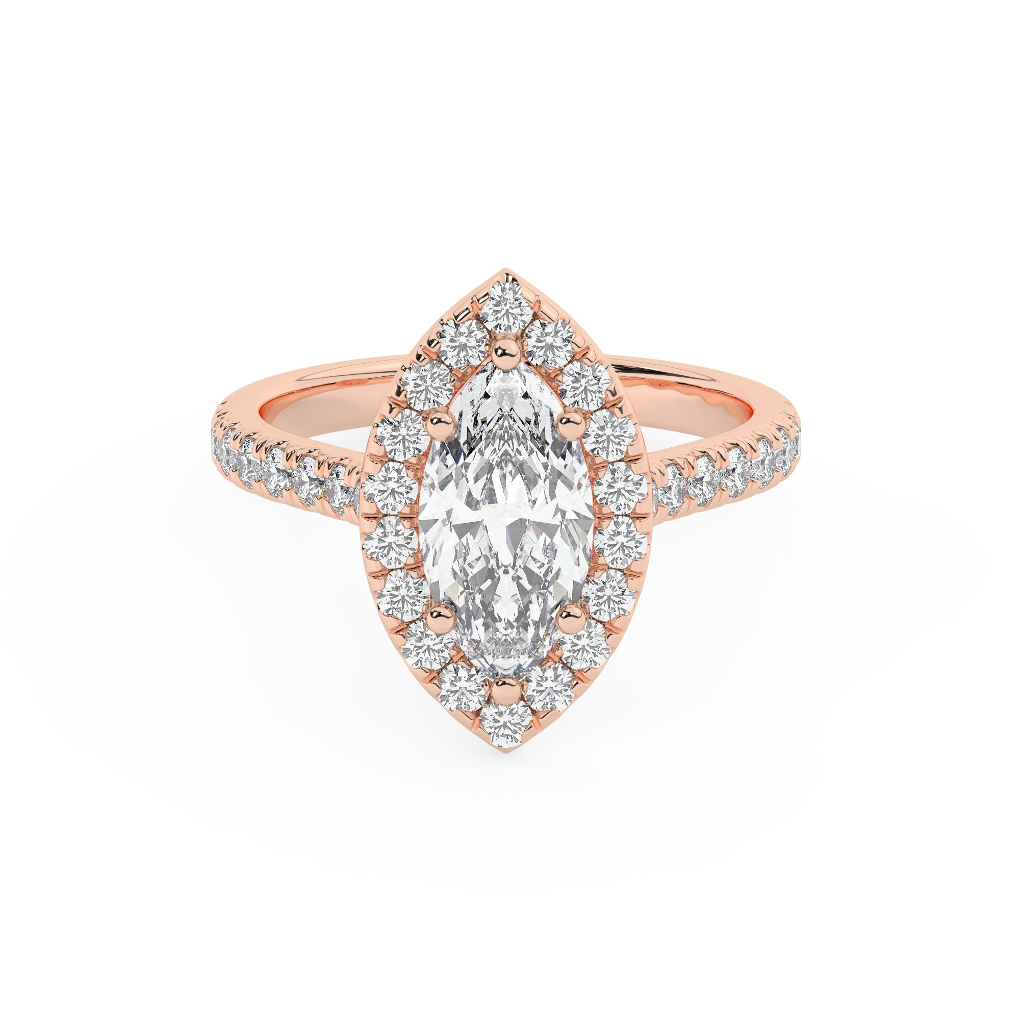 טבעת אירוסין היילו דגם 50026 זהב אדום רוזגולד 14 קראט במרכז זירקוניה 1.50 קראט בחיתוך מרקיזה מסביב ובצדדים זירקונים בחיתוך עגול – תמונה 2