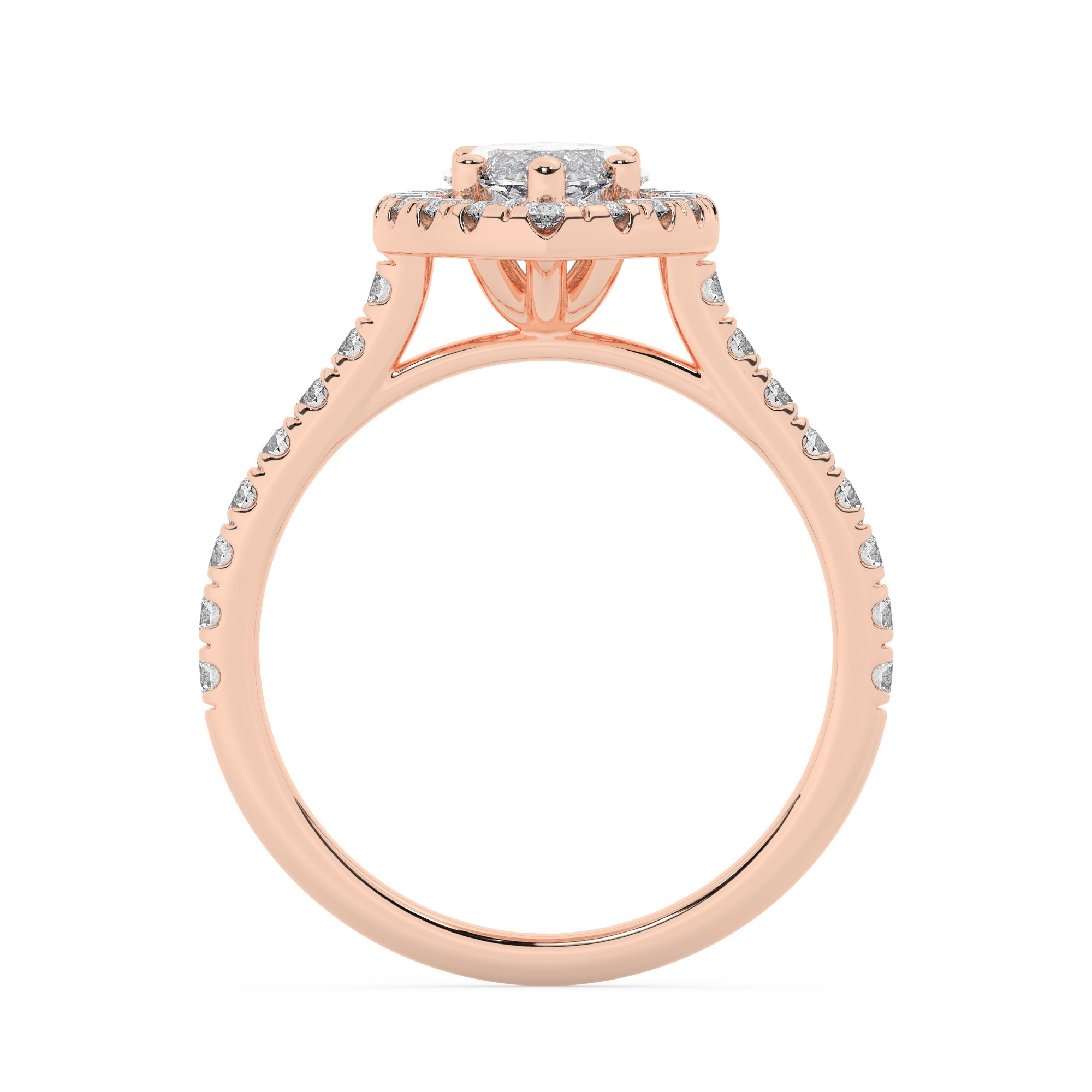 טבעת אירוסין היילו דגם 50026 כסף מצופה זהב אדום רוזגולד במרכז זירקוניה 1.50 קראט בחיתוך מרקיזה מסביב ובצדדים זירקונים בחיתוך עגול – תמונה 3