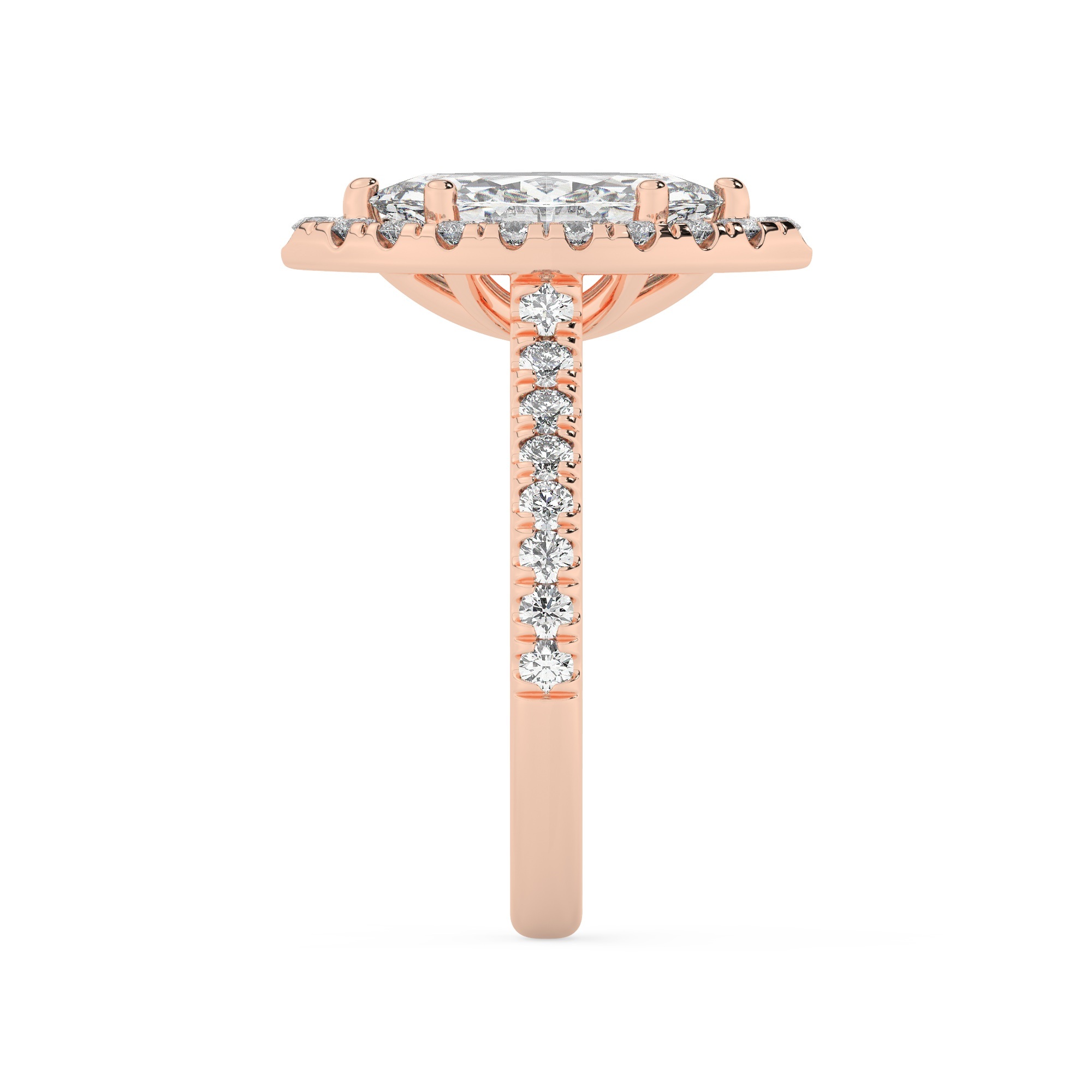 טבעת אירוסין היילו דגם 50026 כסף מצופה זהב אדום רוזגולד במרכז זירקוניה 1.50 קראט בחיתוך מרקיזה מסביב ובצדדים זירקונים בחיתוך עגול – תמונה 4