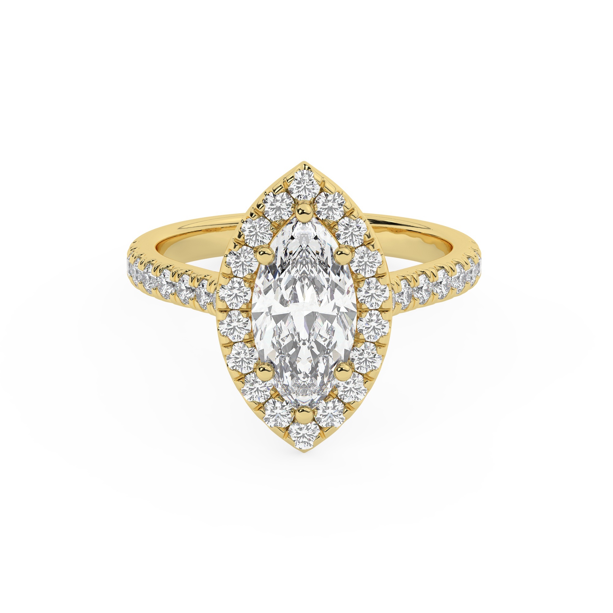 טבעת אירוסין היילו דגם 50026 זהב צהוב 14 קראט במרכז זירקוניה 2 קראט בחיתוך מרקיזה מסביב ובצדדים זירקונים בחיתוך עגול – תמונה 2