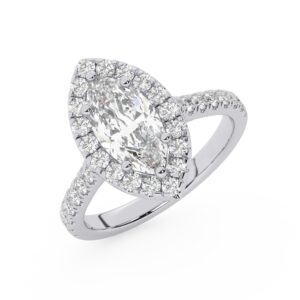 טבעת אירוסין היילו דגם 50026 כסף מצופה זהב לבן במרכז זירקוניה 4 קראט בחיתוך מרקיזה מסביב ובצדדים זירקונים בחיתוך עגול