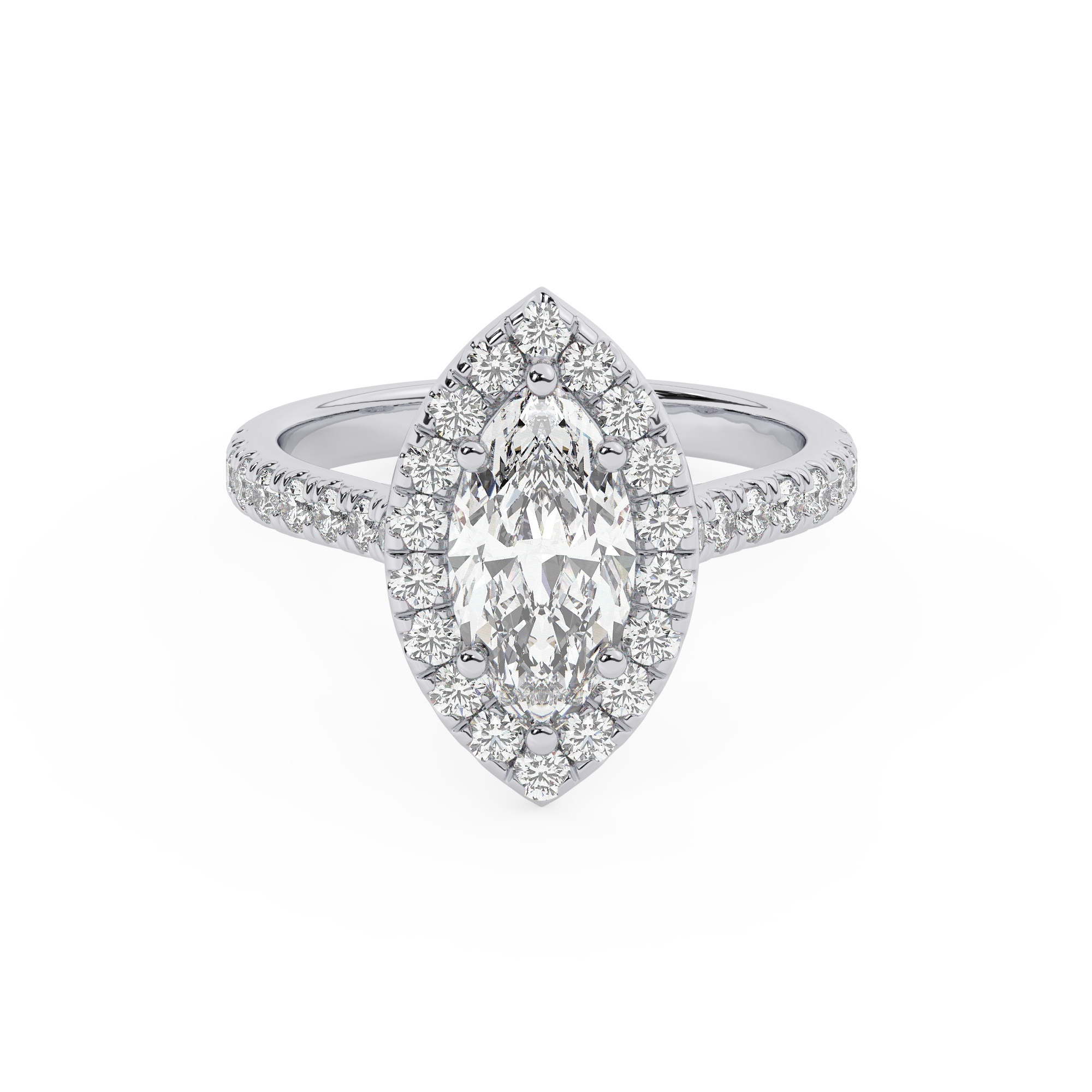 טבעת אירוסין היילו דגם 50026 זהב לבן 14 קראט במרכז זירקוניה 0.75 קראט בחיתוך מרקיזה מסביב ובצדדים זירקונים בחיתוך עגול – תמונה 2