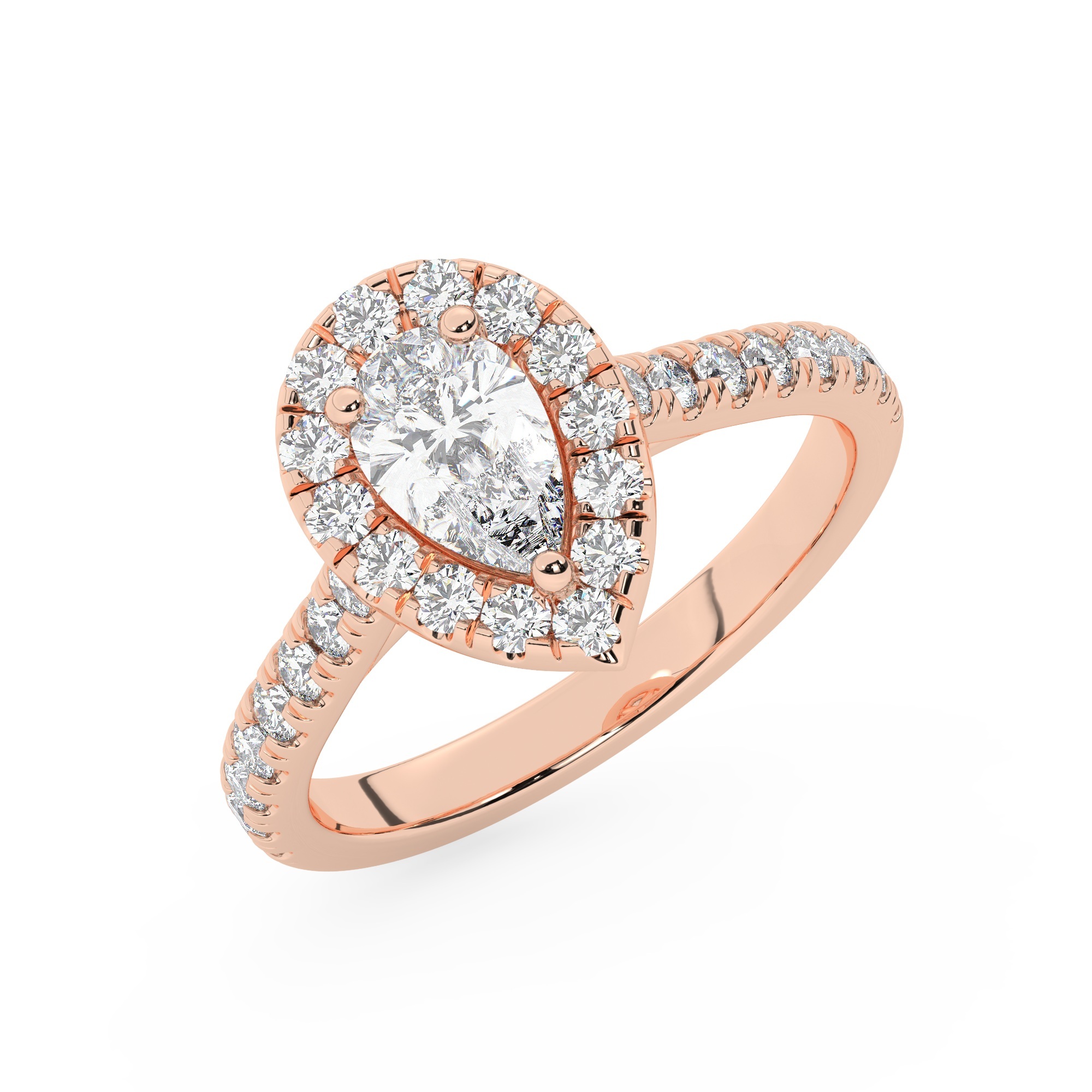 טבעת אירוסין היילו דגם 50026 זהב אדום רוזגולד 14 קראט במרכז זירקוניה 1.50 קראט בחיתוך טיפה מסביב ובצדדים זירקונים בחיתוך עגול