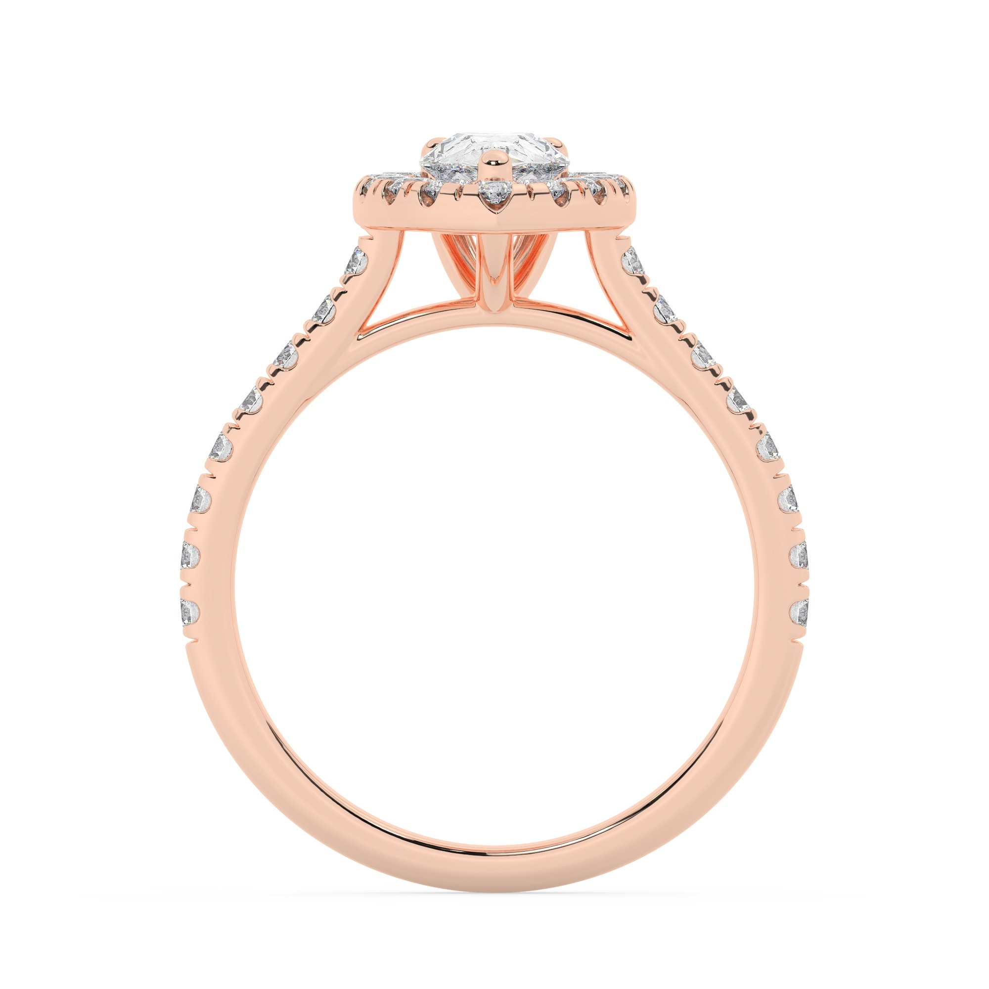 טבעת אירוסין היילו דגם 50026 כסף מצופה זהב אדום רוזגולד במרכז זירקוניה 1.50 קראט בחיתוך טיפה מסביב ובצדדים זירקונים בחיתוך עגול – תמונה 3