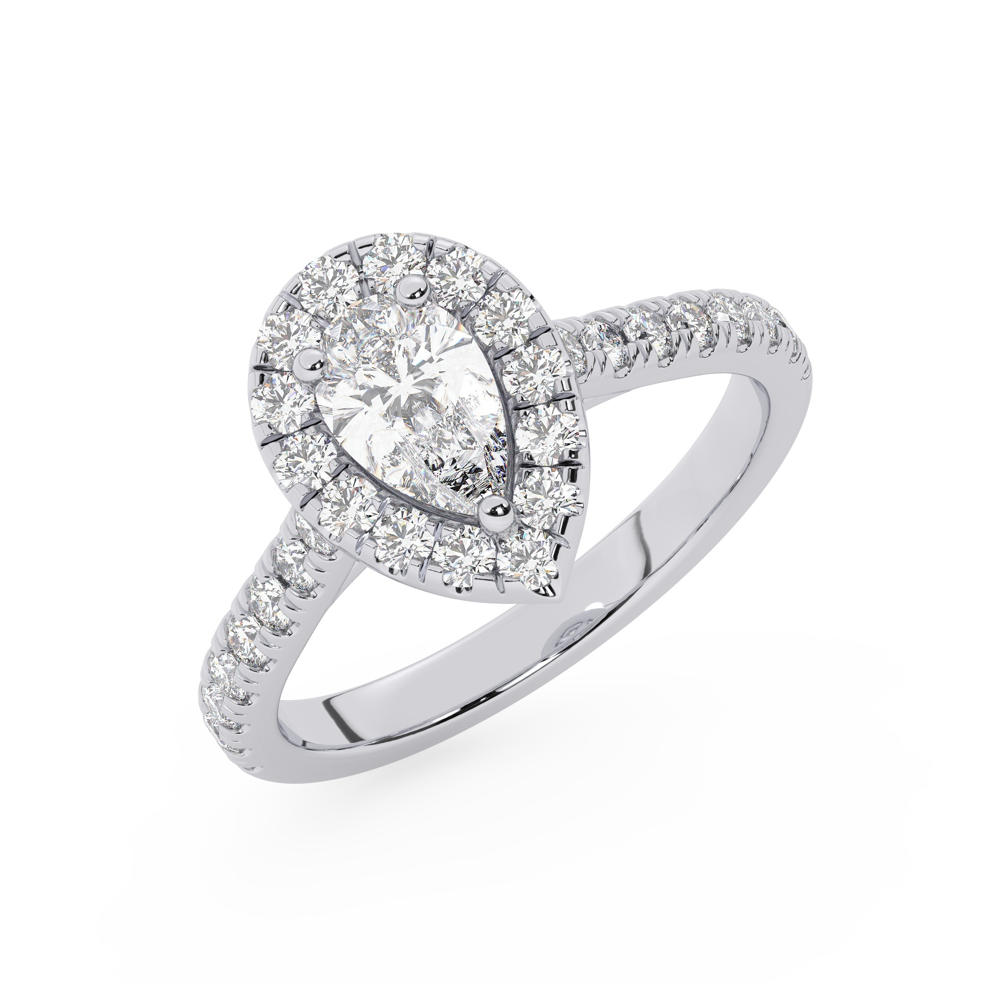 טבעת אירוסין היילו דגם 50026 זהב לבן 14 קראט במרכז זירקוניה 3 קראט בחיתוך טיפה מסביב ובצדדים זירקונים בחיתוך עגול