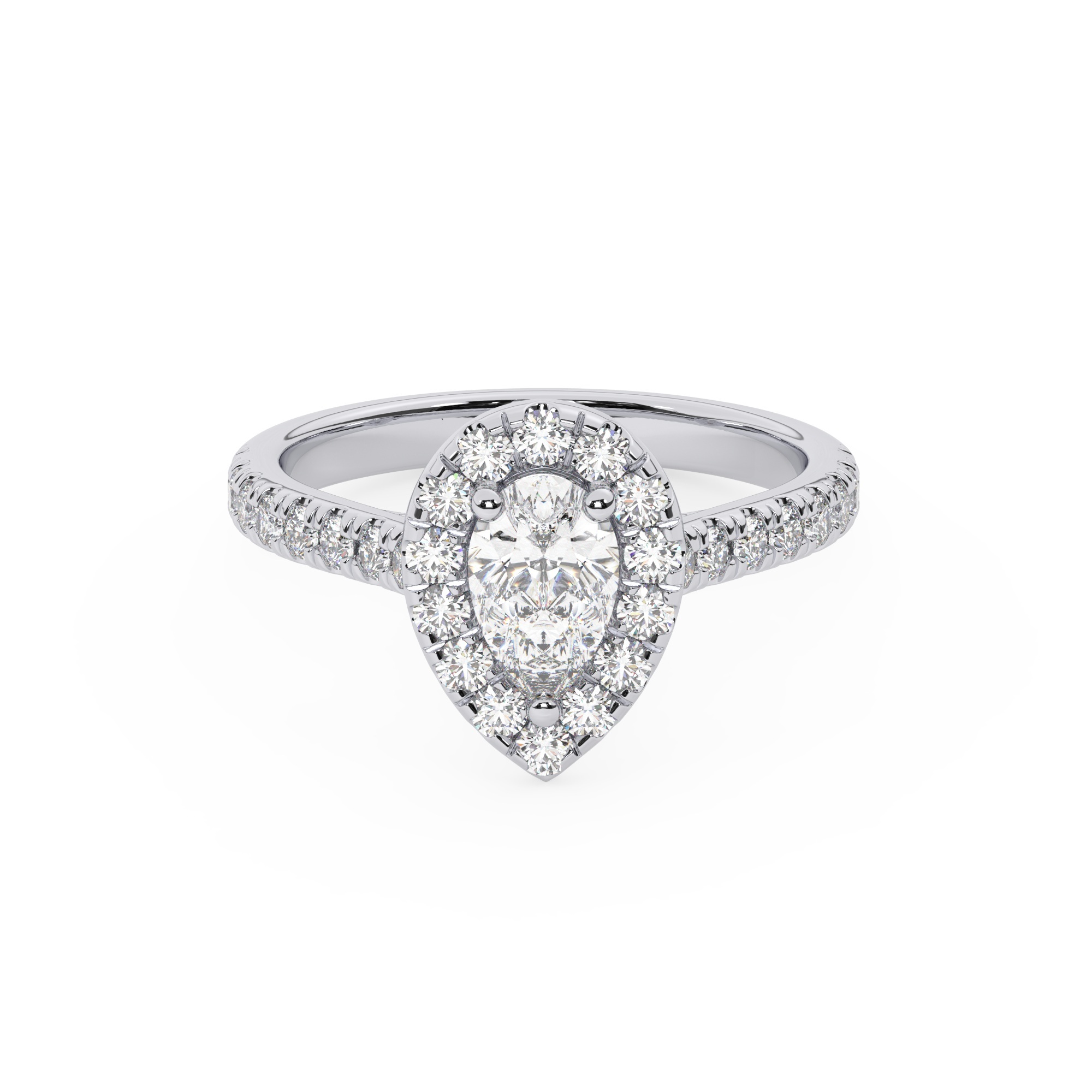 טבעת אירוסין היילו דגם 50026 זהב לבן 14 קראט במרכז זירקוניה 3 קראט בחיתוך טיפה מסביב ובצדדים זירקונים בחיתוך עגול – תמונה 2