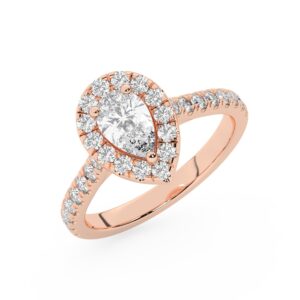 טבעת אירוסין היילו דגם 50026 כסף מצופה זהב אדום רוזגולד במרכז זירקוניה 4 קראט בחיתוך טיפה מסביב ובצדדים זירקונים בחיתוך עגול
