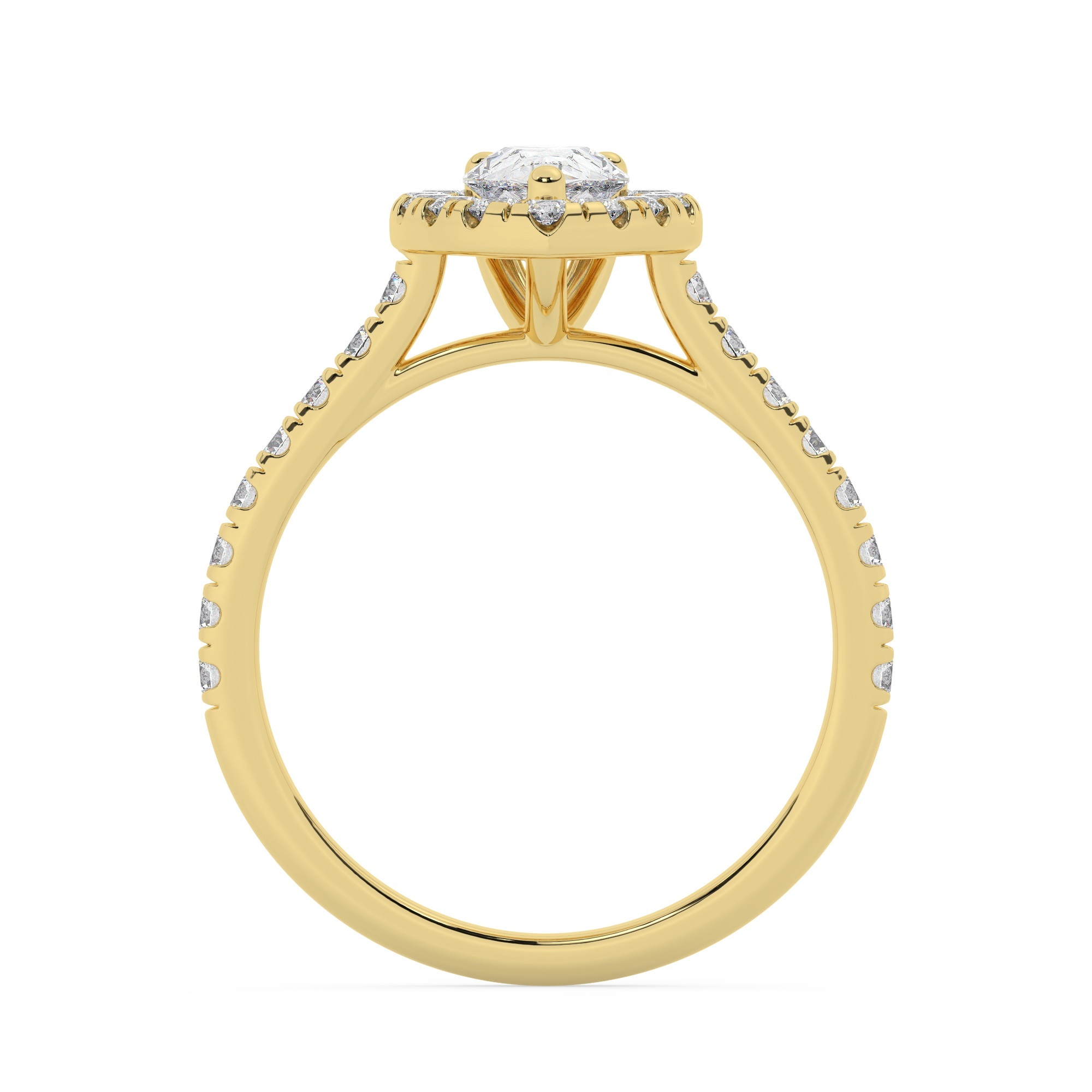 טבעת אירוסין היילו דגם 50026 זהב צהוב 14 קראט במרכז יהלום טבעי 4 קראט בחיתוך טיפה עם תעודה גמולוגית אמריקאית GIA מסביב ובצדדים יהלומים טבעים במשקל כולל של 0.68 קראט בחיתוך עגול – תמונה 3