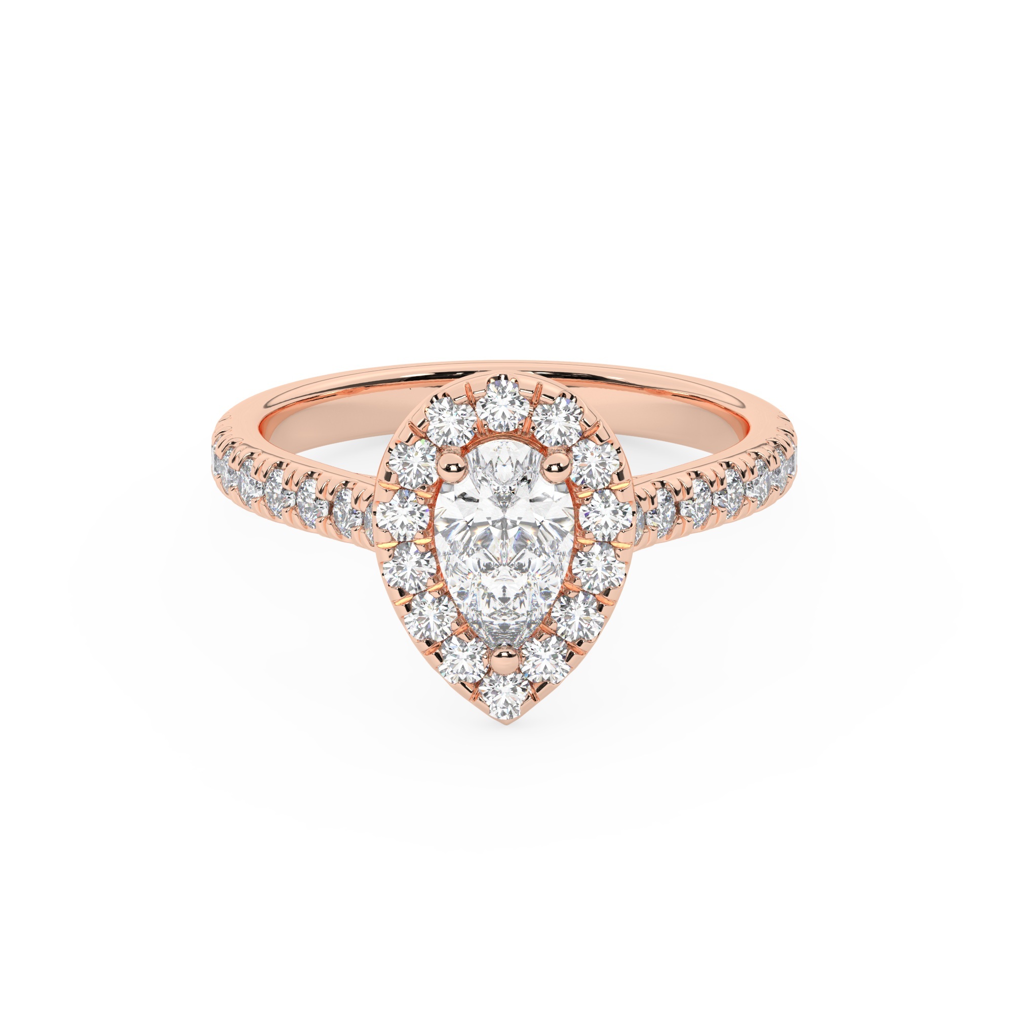 טבעת אירוסין היילו דגם 50026 כסף מצופה זהב אדום רוזגולד במרכז זירקוניה 0.50 קראט בחיתוך טיפה מסביב ובצדדים זירקונים בחיתוך עגול – תמונה 2