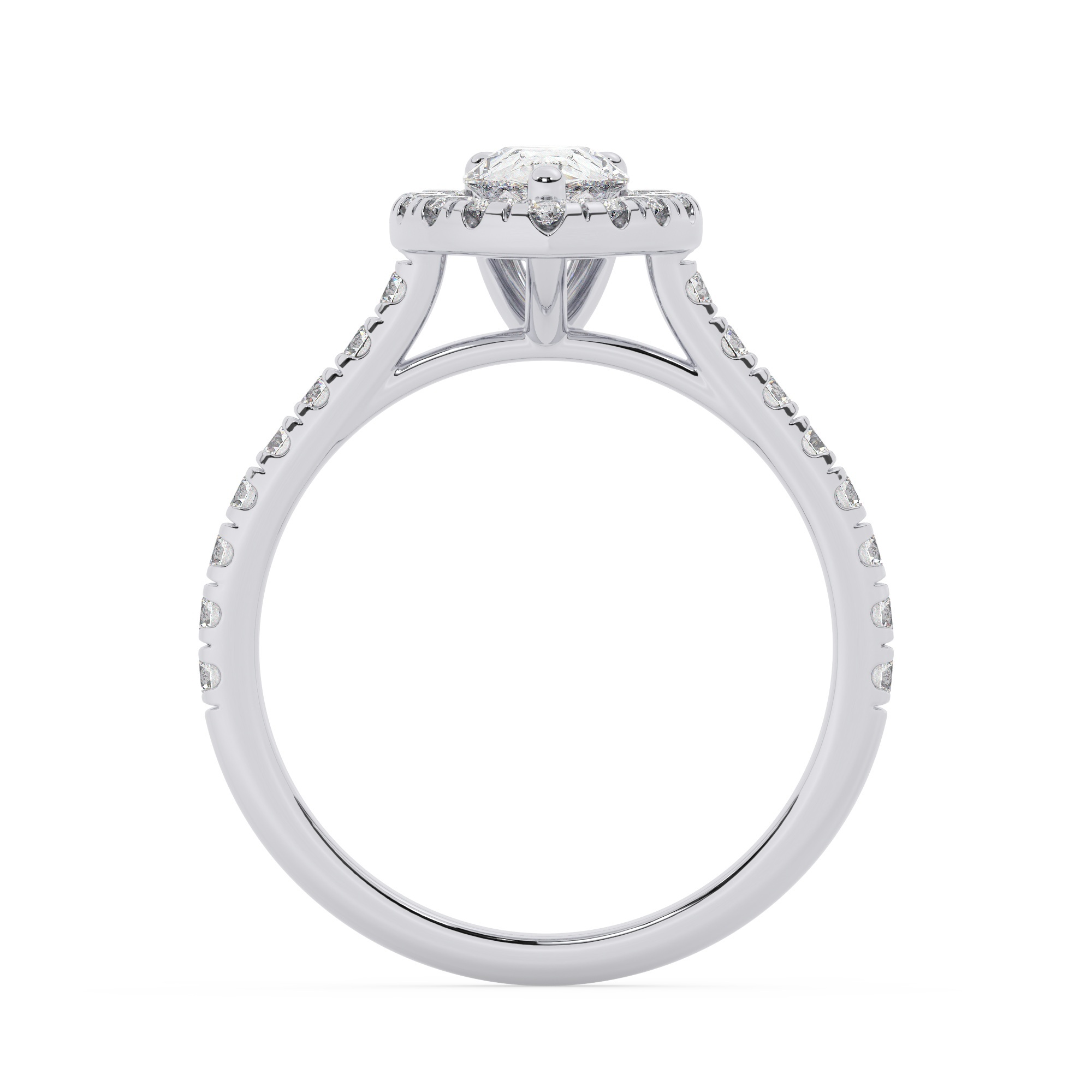 טבעת אירוסין היילו דגם 50026 כסף מצופה זהב לבן במרכז זירקוניה 0.75 קראט בחיתוך טיפה מסביב ובצדדים זירקונים בחיתוך עגול – תמונה 3