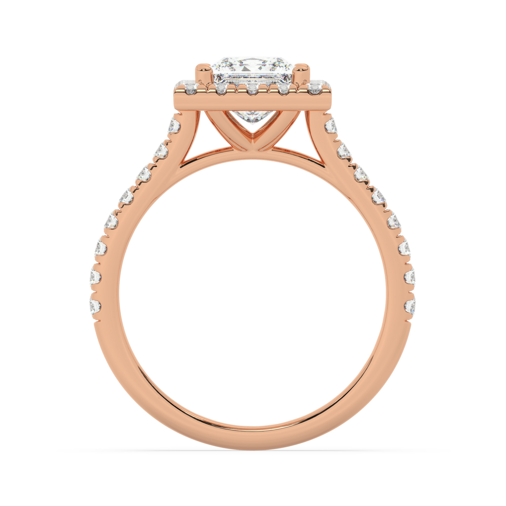 טבעת אירוסין היילו דגם 50026 זהב אדום רוזגולד 14 קראט במרכז יהלום טבעי 1 קראט בחיתוך פרינסס עם תעודה גמולוגית אמריקאית GIA מסביב ובצדדים יהלומים טבעים במשקל כולל של 0.60 קראט בחיתוך עגול – תמונה 3