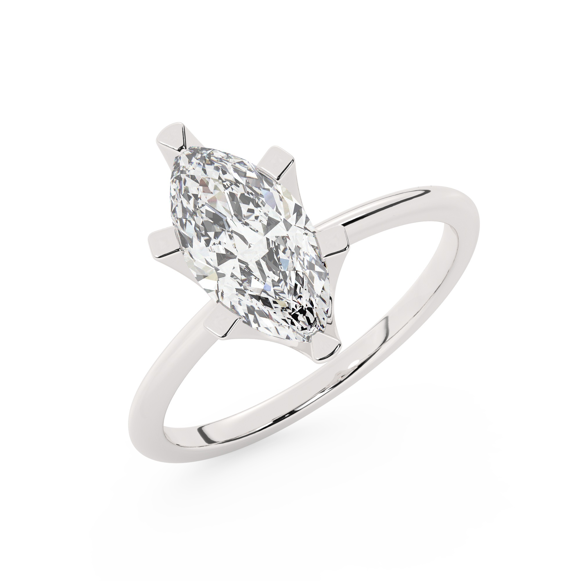 טבעת אירוסין סוליטר דגם 50023 כסף מצופה זהב לבן במרכז יהלום מעבדה במשקל כולל של 2 קראט בחיתוך מרקיזה עם תעודה גמולוגית אירופאית IGI