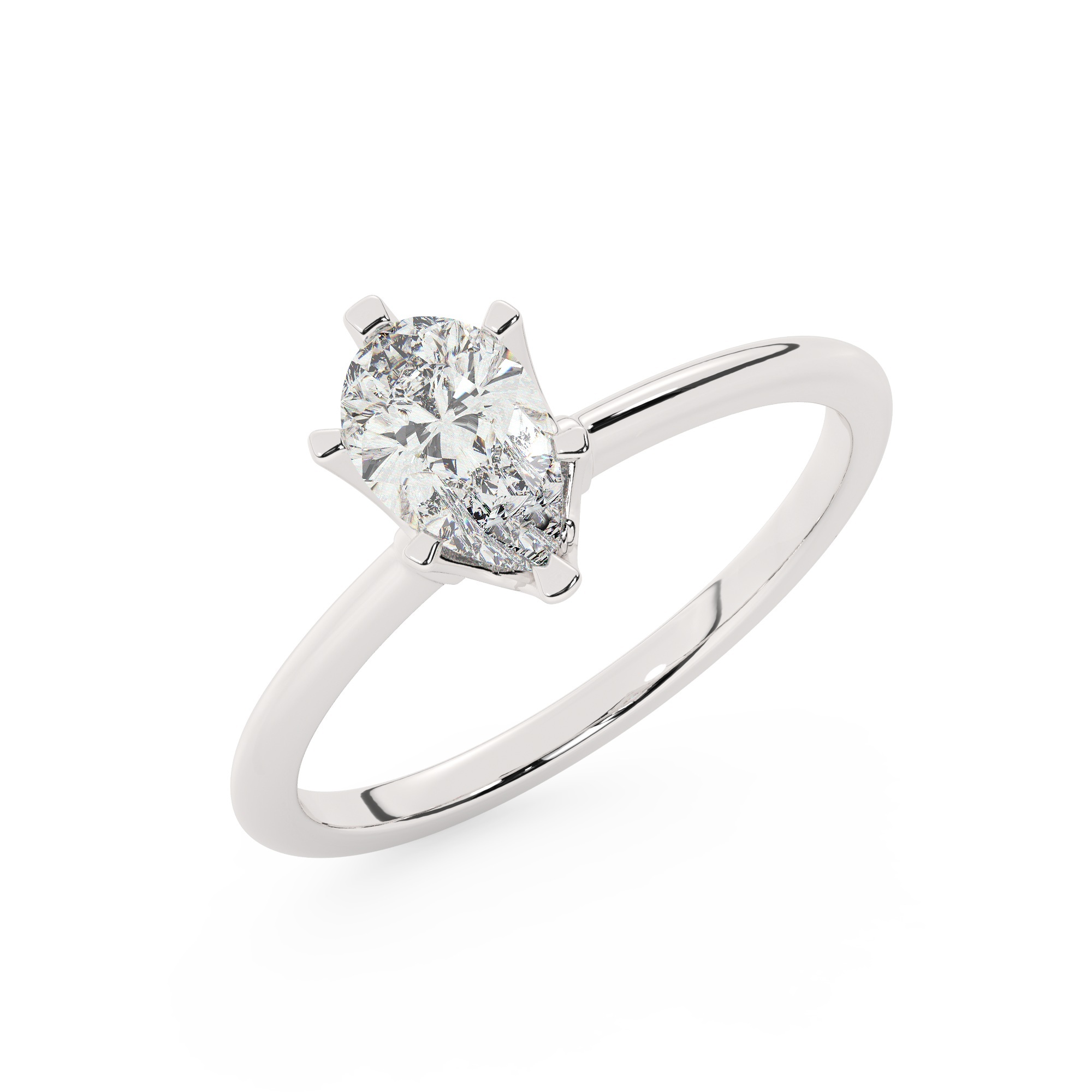 טבעת אירוסין סוליטר דגם 50023 כסף מצופה זהב לבן במרכז אבן מעבדה מוסונייט במשקל כולל של 5 קראט בחיתוך טיפה עם תעודה גמולוגית בינלאומית GRA