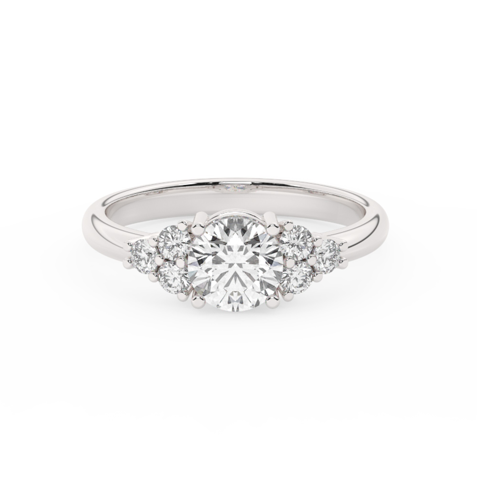 טבעת אירוסין סוליטר וזירקונים בצדדים דגם 50041 זהב לבן 14 קראט במרכז זירקוניה 1 קראט בחיתוך עגול מסביב ובצדדים זירקונים בחיתוך עגול – תמונה 2