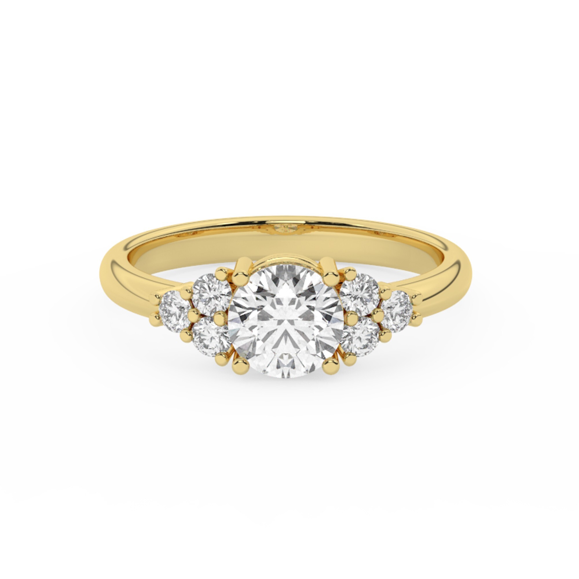 טבעת אירוסין סוליטר וזירקונים בצדדים דגם 50041 זהב צהוב 14 קראט במרכז זירקוניה 1.50 קראט בחיתוך עגול מסביב ובצדדים זירקונים בחיתוך עגול – תמונה 2