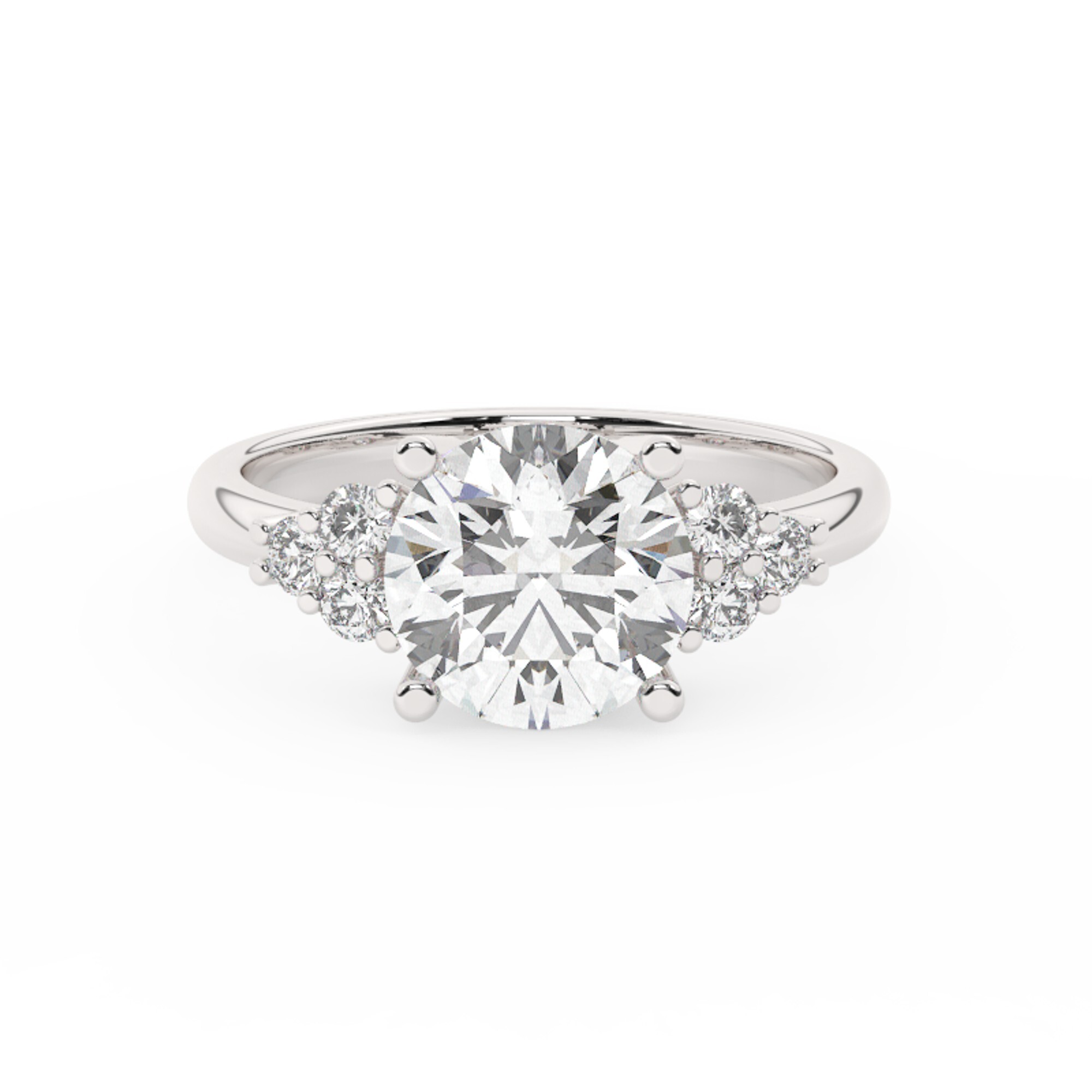 טבעת אירוסין סוליטר וזירקונים בצדדים דגם 50041 זהב לבן 14 קראט במרכז זירקוניה 3 קראט בחיתוך עגול מסביב ובצדדים זירקונים בחיתוך עגול – תמונה 2