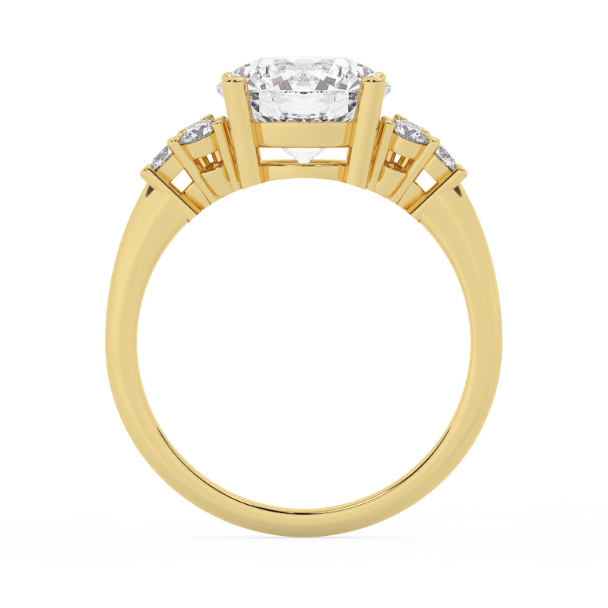 טבעת אירוסין סוליטר וזירקונים בצדדים דגם 50041 זהב צהוב 14 קראט במרכז זירקוניה 5 קראט בחיתוך עגול מסביב ובצדדים זירקונים בחיתוך עגול – תמונה 3