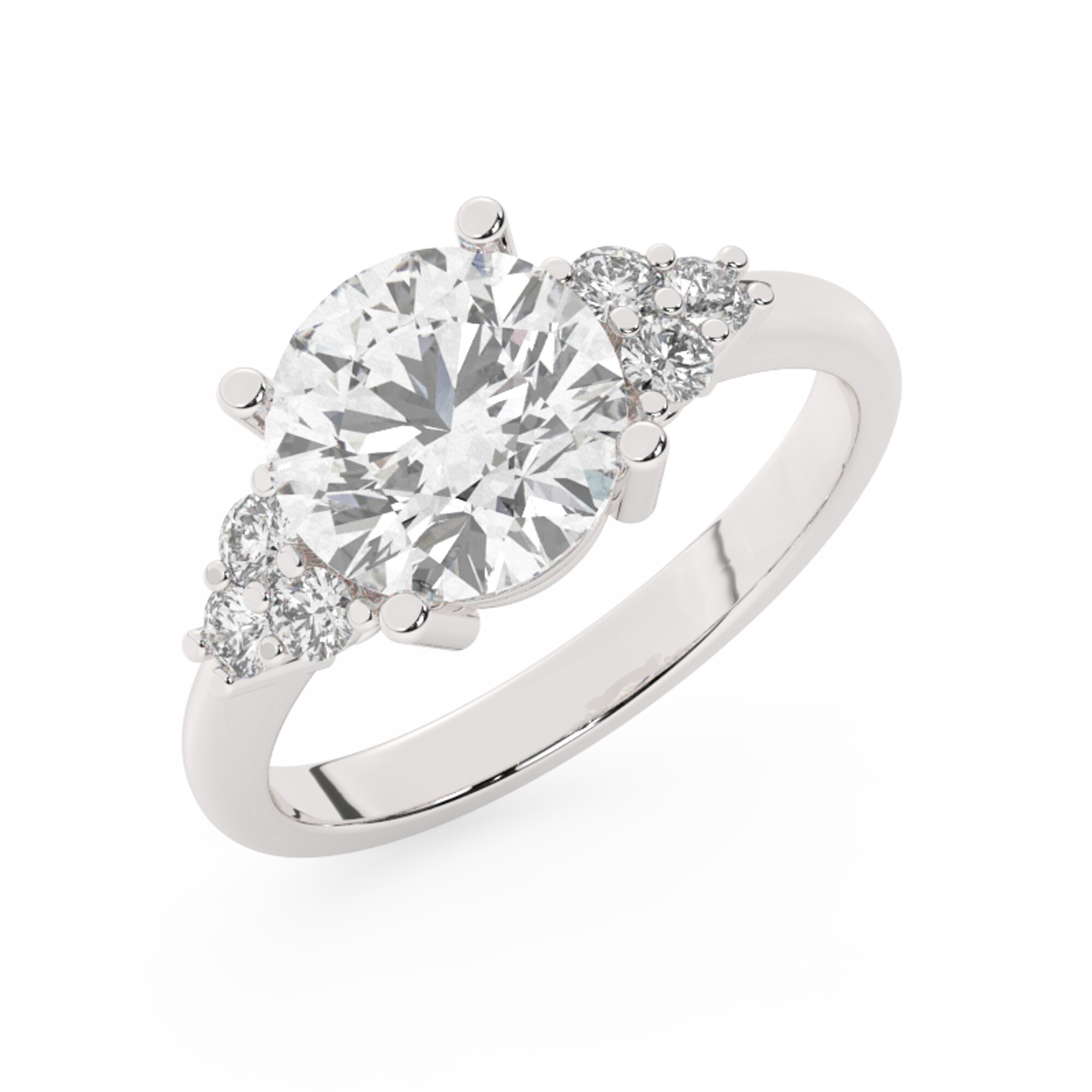 טבעת אירוסין סוליטר וזירקונים בצדדים דגם 50041 זהב לבן 14 קראט במרכז זירקוניה 5 קראט בחיתוך עגול מסביב ובצדדים זירקונים בחיתוך עגול