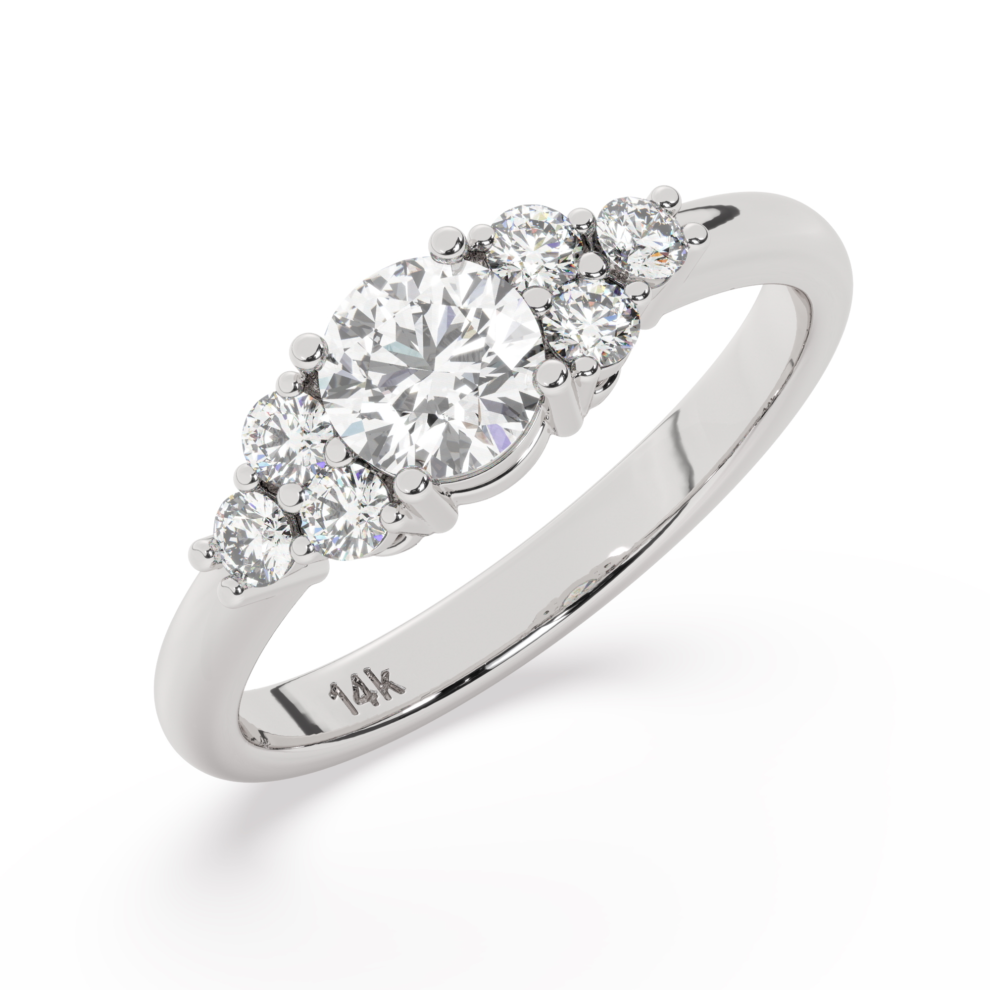 טבעת אירוסין סוליטר וזירקונים בצדדים דגם 50041 זהב לבן 14 קראט במרכז זירקוניה 0.50 קראט בחיתוך עגול מסביב ובצדדים זירקונים בחיתוך עגול