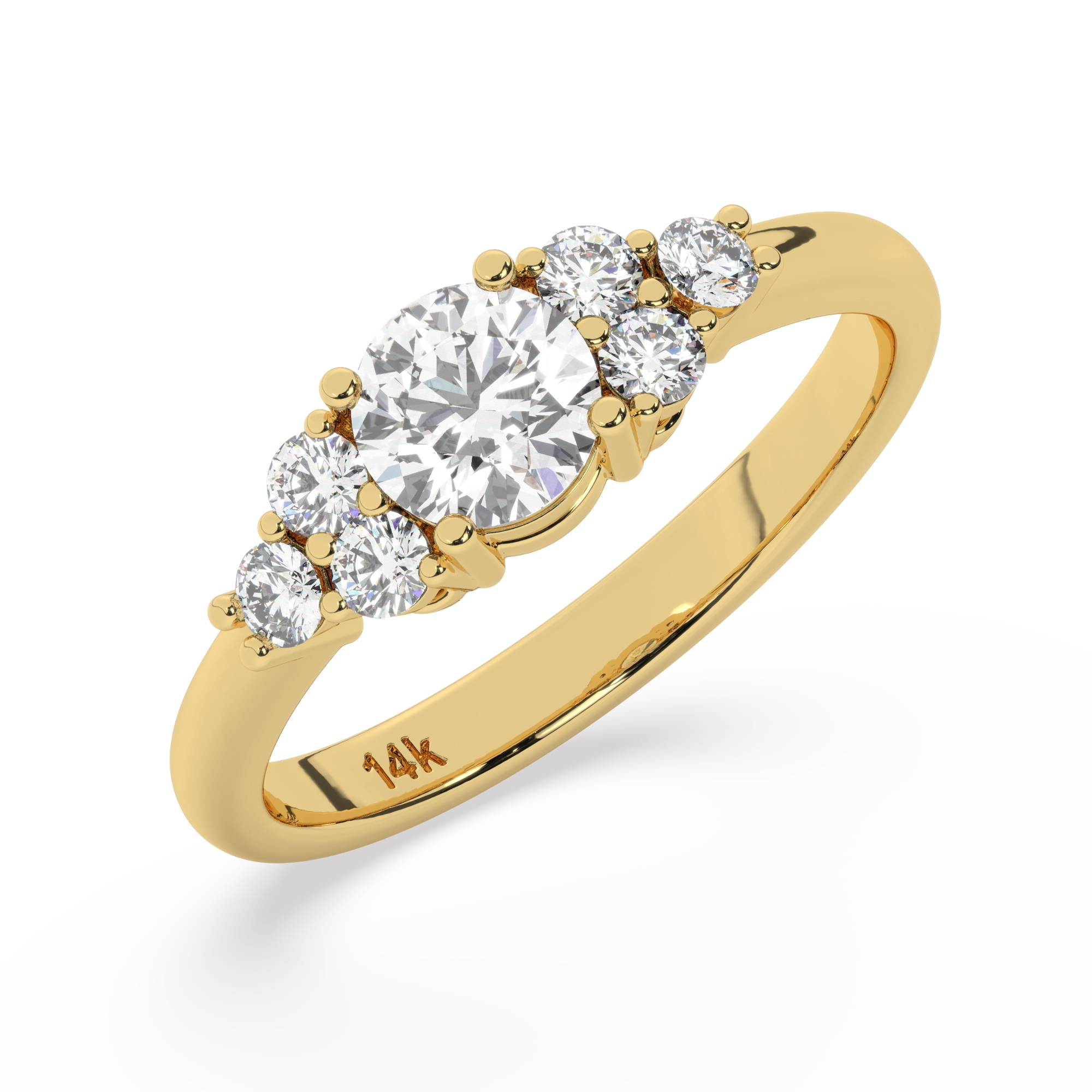 טבעת אירוסין סוליטר וזירקונים בצדדים דגם 50041 זהב צהוב 14 קראט במרכז זירקוניה 0.75 קראט בחיתוך עגול מסביב ובצדדים זירקונים בחיתוך עגול