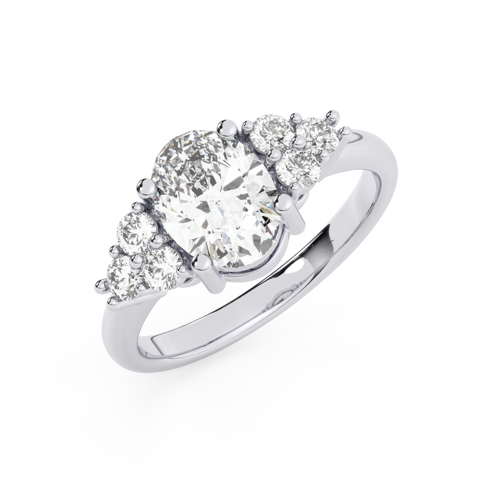 טבעת אירוסין סוליטר וזירקונים בצדדים דגם 50041 זהב לבן 14 קראט במרכז זירקוניה 1 קראט בחיתוך אובל מסביב ובצדדים זירקונים בחיתוך עגול