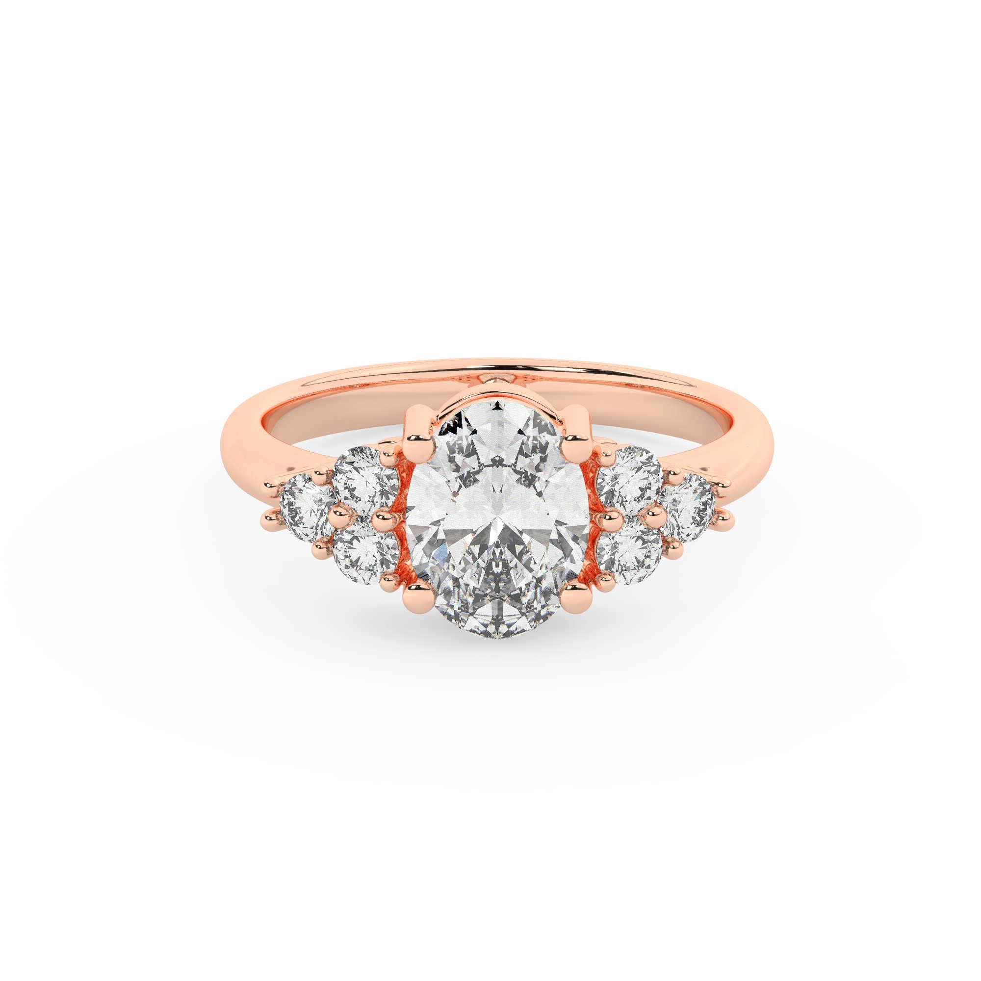 טבעת אירוסין סוליטר וזירקונים בצדדים דגם 50041 זהב אדום רוזגולד 14 קראט במרכז זירקוניה 1.50 קראט בחיתוך אובל מסביב ובצדדים זירקונים בחיתוך עגול – תמונה 2