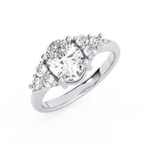 טבעת אירוסין סוליטר וזירקונים בצדדים דגם 50041 זהב לבן 14 קראט במרכז זירקוניה 1.50 קראט בחיתוך אובל מסביב ובצדדים זירקונים בחיתוך עגול