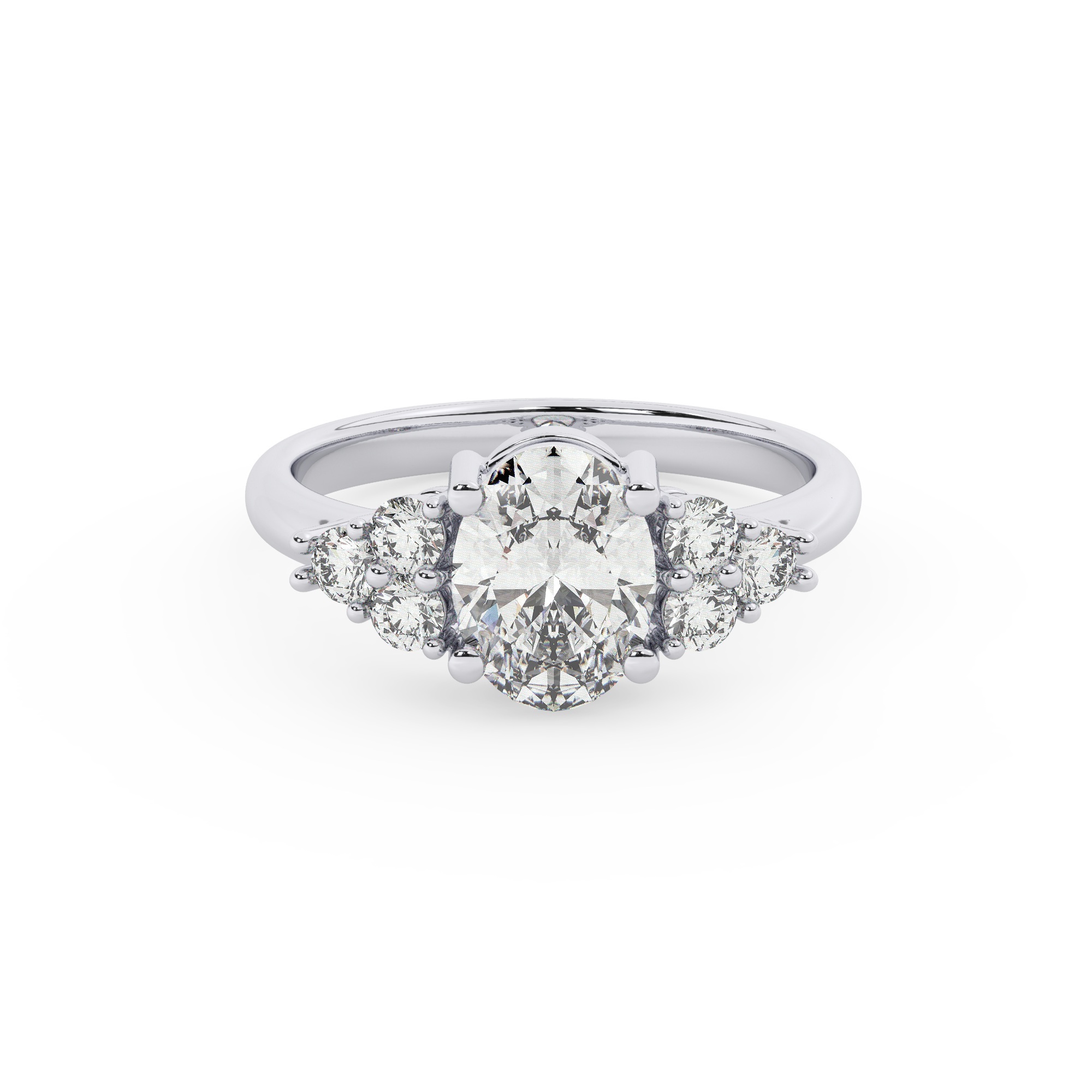 טבעת אירוסין סוליטר וזירקונים בצדדים דגם 50041 זהב לבן 14 קראט במרכז זירקוניה 1.50 קראט בחיתוך אובל מסביב ובצדדים זירקונים בחיתוך עגול – תמונה 2