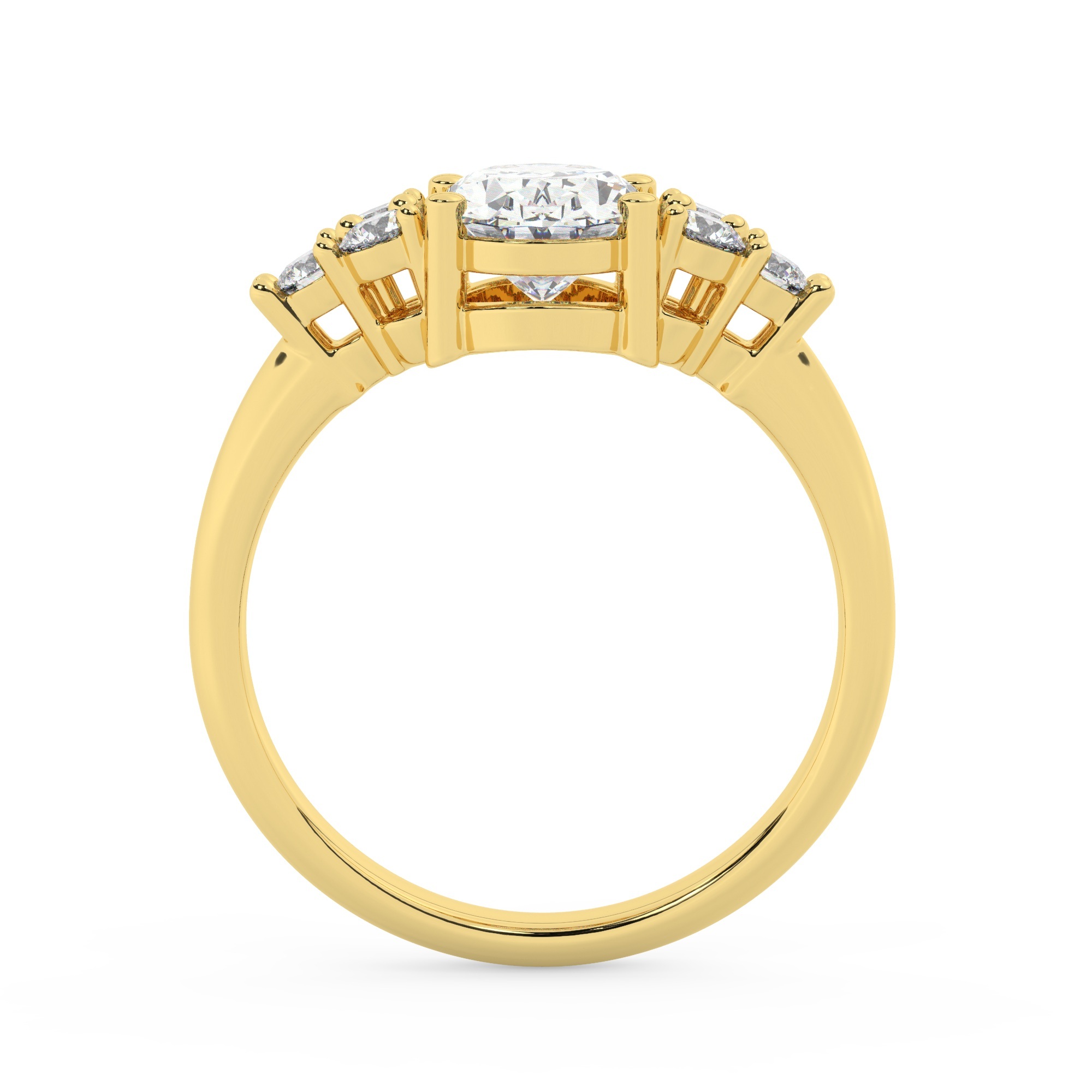 טבעת אירוסין סוליטר ויהלומים בצדדים דגם 50041 כסף מצופה זהב צהוב במרכז יהלום מעבדה 1.50 קראט בחיתוך אובל עם תעודה גמולוגית אירופאית IGI מסביב ובצדדים יהלומי מעבדה במשקל כולל של 0.30 קראט בחיתוך עגול – תמונה 3