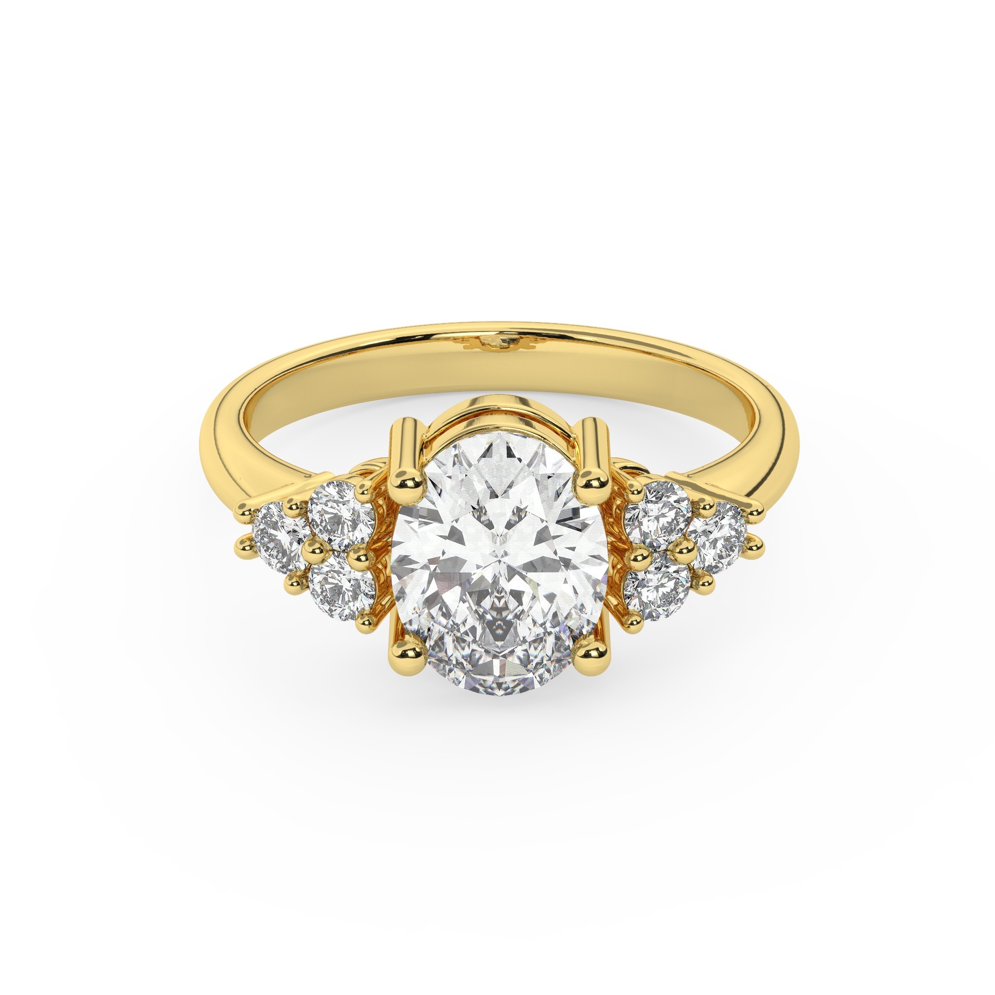 טבעת אירוסין סוליטר וזירקונים בצדדים דגם 50041 זהב צהוב 14 קראט במרכז זירקוניה 2 קראט בחיתוך אובל מסביב ובצדדים זירקונים בחיתוך עגול – תמונה 2