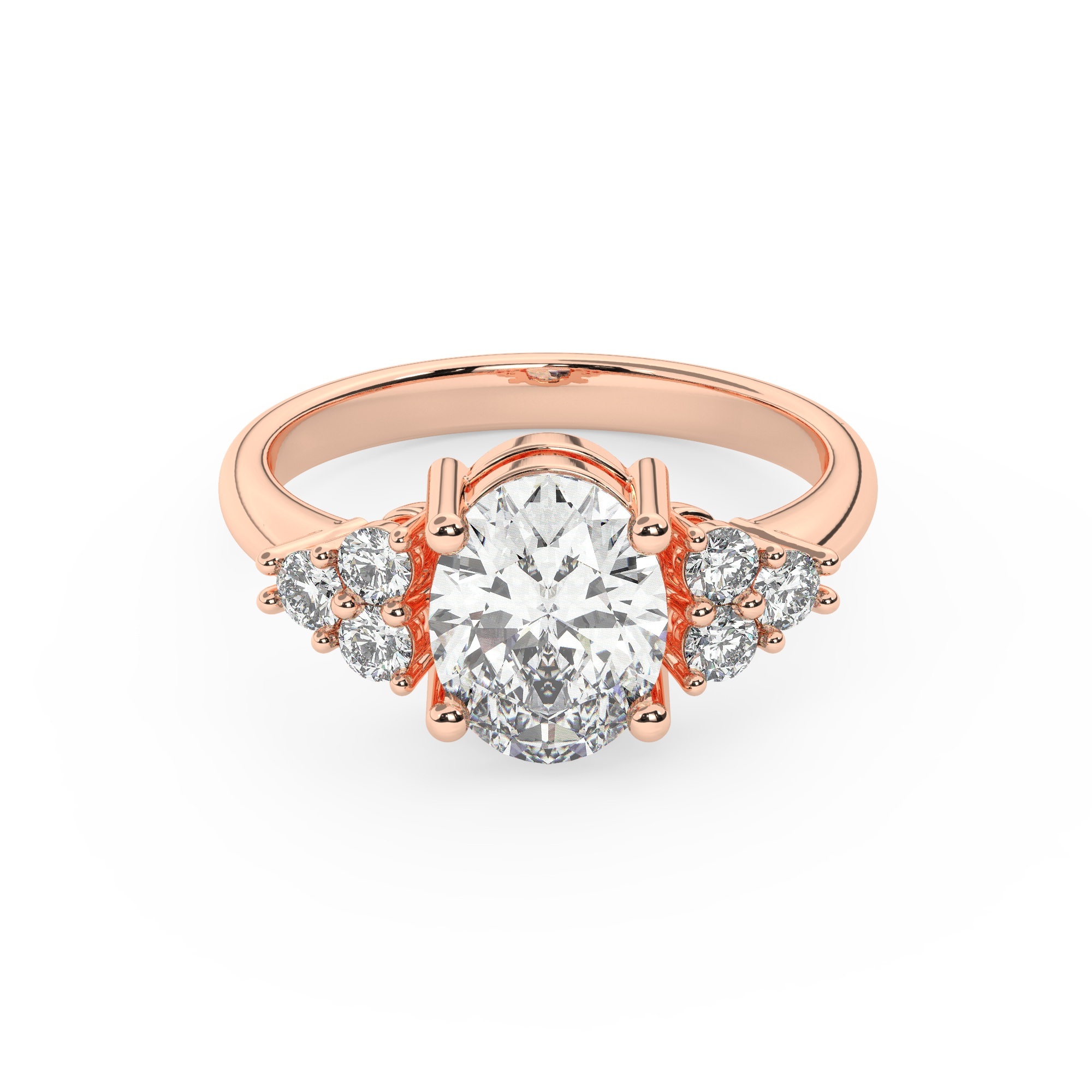 טבעת אירוסין סוליטר וזירקונים בצדדים דגם 50041 זהב אדום רוזגולד 14 קראט במרכז זירקוניה 2.50 קראט בחיתוך אובל מסביב ובצדדים זירקונים בחיתוך עגול – תמונה 2