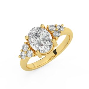 טבעת אירוסין סוליטר וזירקונים בצדדים דגם 50041 זהב צהוב 14 קראט במרכז זירקוניה 2.50 קראט בחיתוך אובל מסביב ובצדדים זירקונים בחיתוך עגול