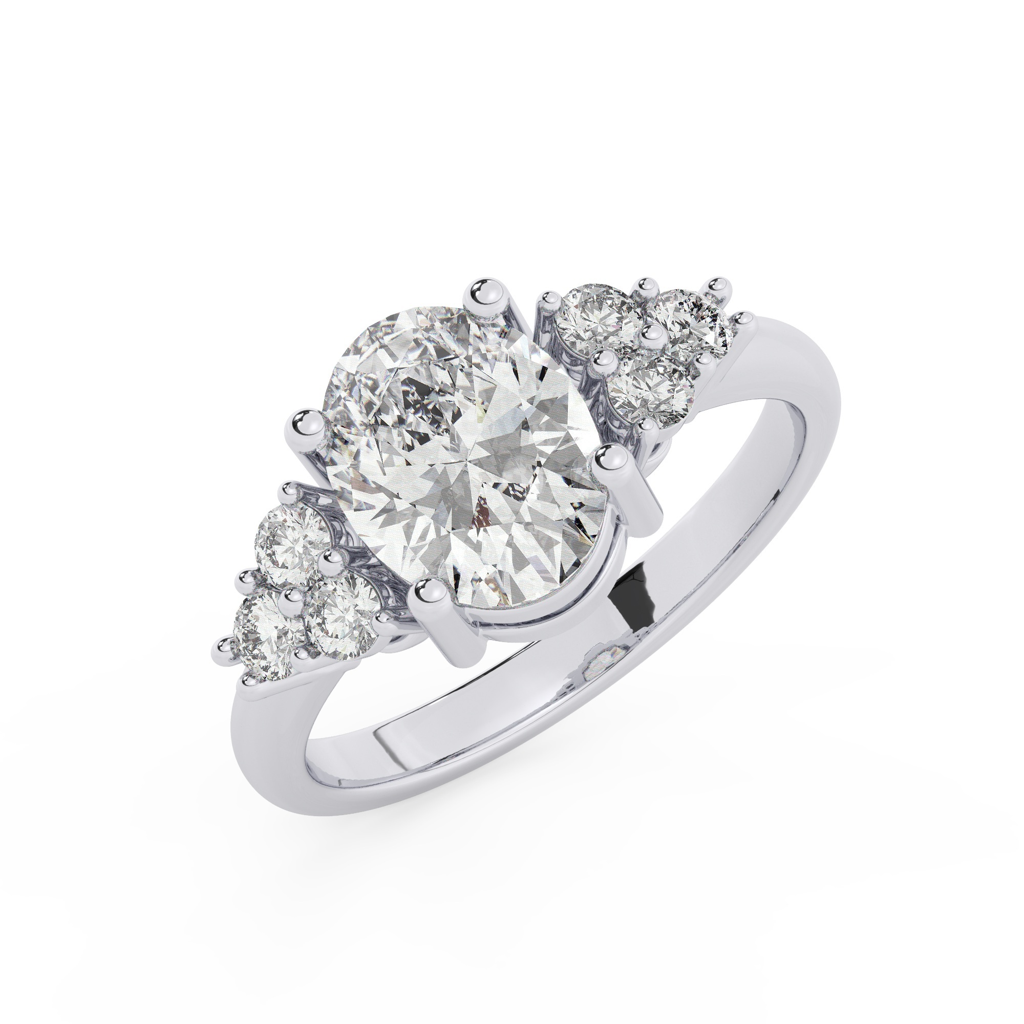 טבעת אירוסין סוליטר ויהלומים בצדדים דגם 50041 כסף מצופה זהב לבן במרכז יהלום מעבדה 2.50 קראט בחיתוך אובל עם תעודה גמולוגית אירופאית IGI מסביב ובצדדים יהלומי מעבדה במשקל כולל של 0.30 קראט בחיתוך עגול