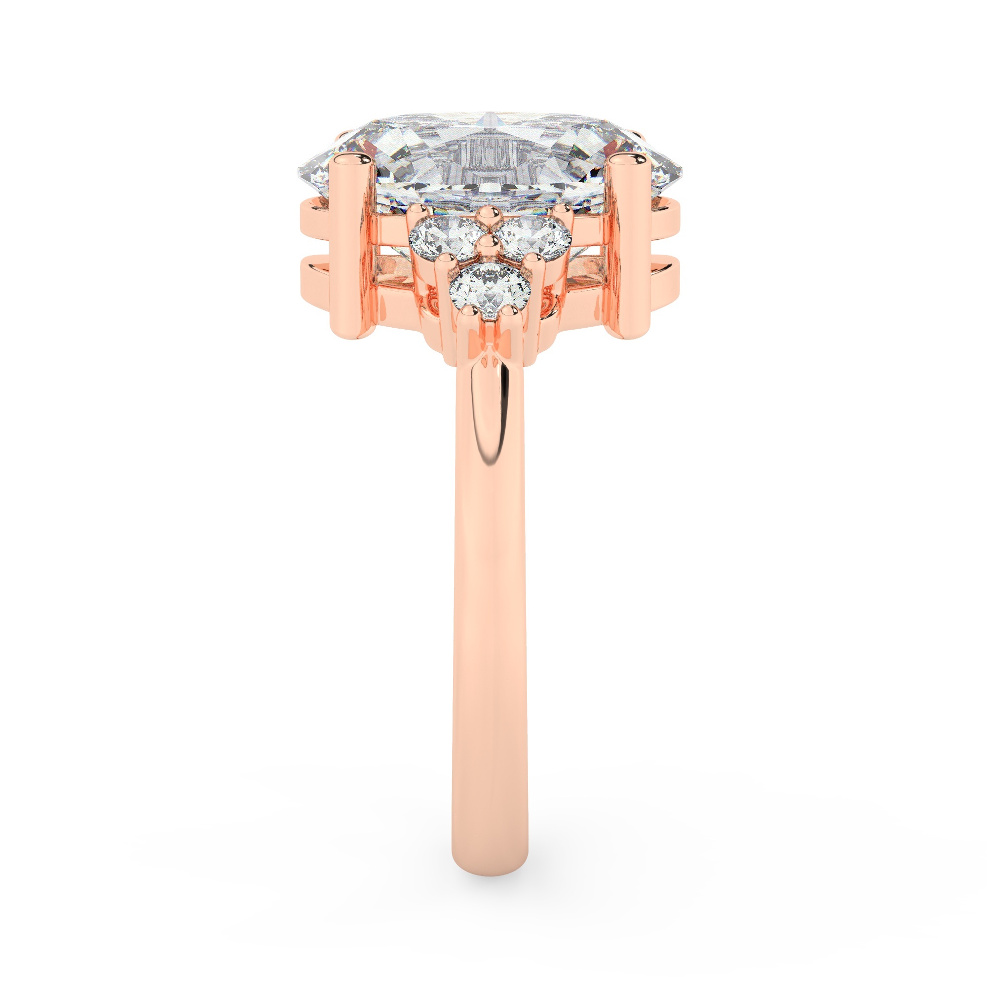 טבעת אירוסין סוליטר וזירקונים בצדדים דגם 50041 זהב אדום רוזגולד 14 קראט במרכז זירקוניה 3 קראט בחיתוך אובל מסביב ובצדדים זירקונים בחיתוך עגול – תמונה 4