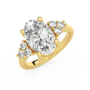 טבעת אירוסין סוליטר וזירקונים בצדדים דגם 50041 זהב צהוב 14 קראט במרכז זירקוניה 3 קראט בחיתוך אובל מסביב ובצדדים זירקונים בחיתוך עגול