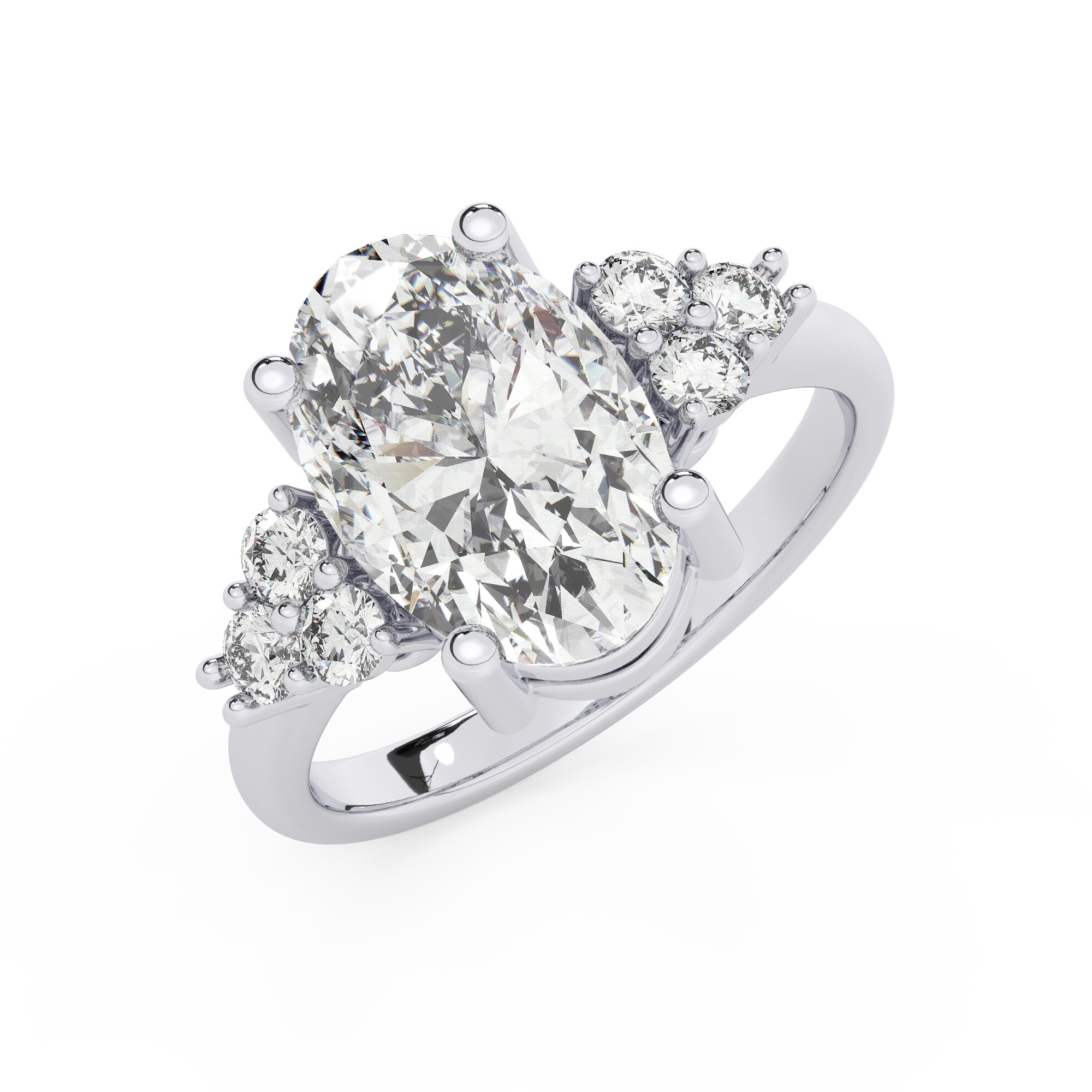 טבעת אירוסין סוליטר וזירקונים בצדדים דגם 50041 זהב לבן 14 קראט במרכז זירקוניה 3 קראט בחיתוך אובל מסביב ובצדדים זירקונים בחיתוך עגול