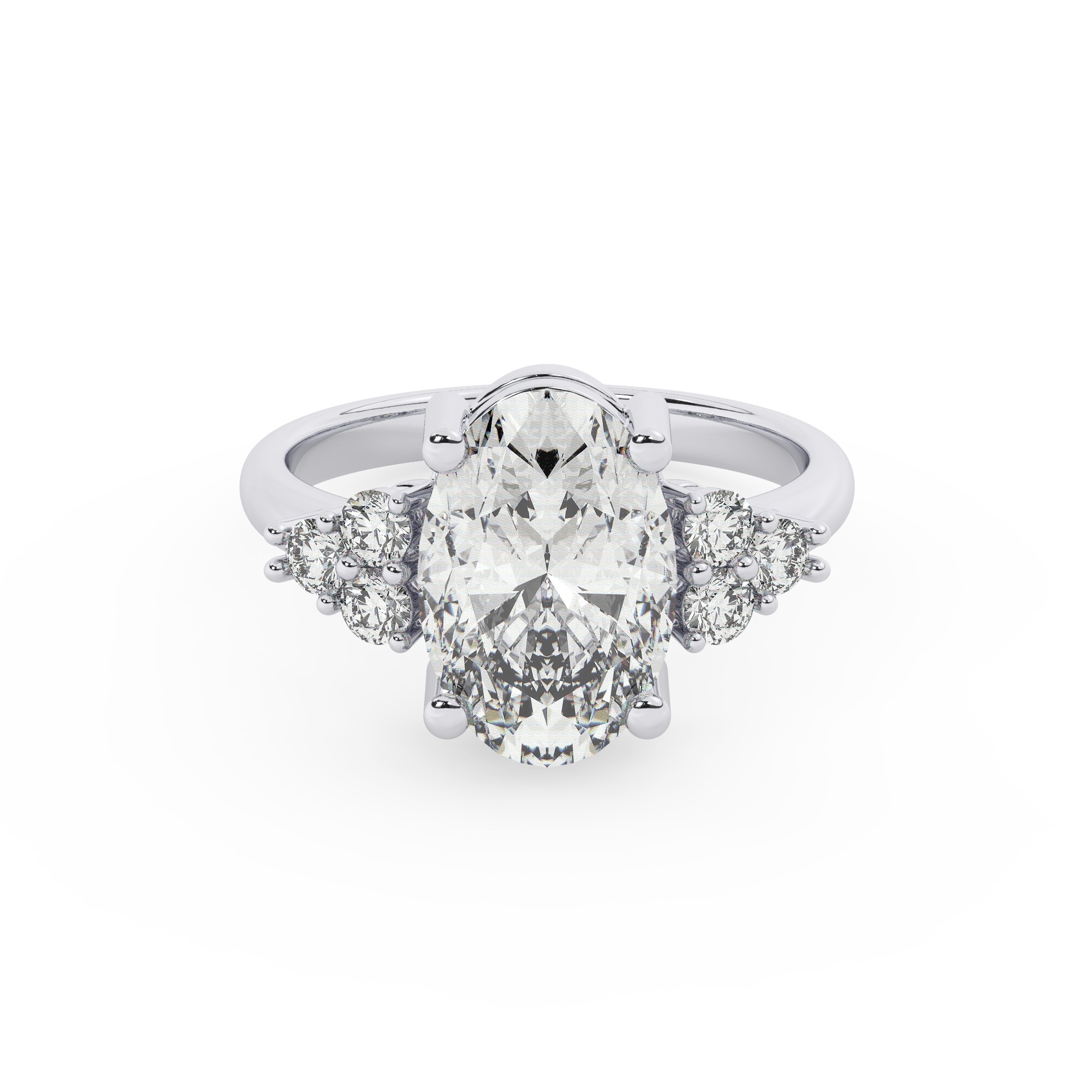 טבעת אירוסין סוליטר וזירקונים בצדדים דגם 50041 זהב לבן 14 קראט במרכז זירקוניה 3 קראט בחיתוך אובל מסביב ובצדדים זירקונים בחיתוך עגול – תמונה 2