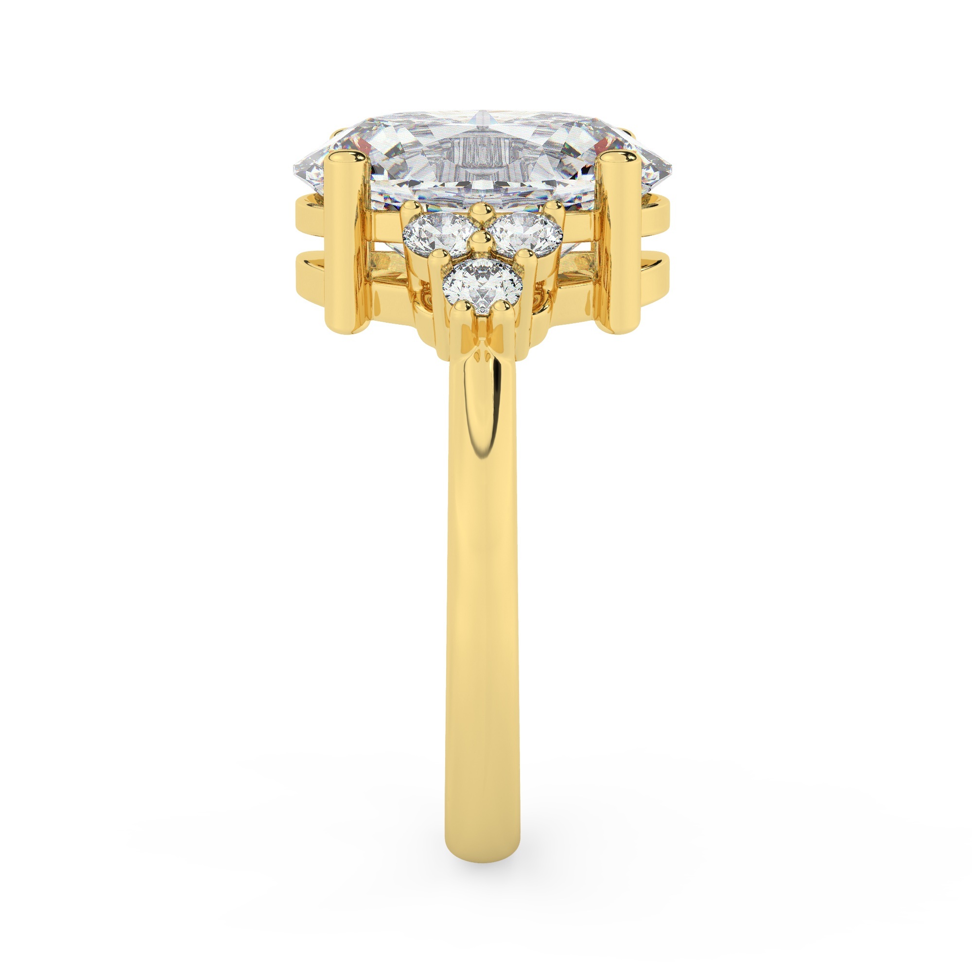 טבעת אירוסין סוליטר ויהלומים בצדדים דגם 50041 כסף מצופה זהב צהוב במרכז יהלום מעבדה 3 קראט בחיתוך אובל עם תעודה גמולוגית אירופאית IGI מסביב ובצדדים יהלומי מעבדה במשקל כולל של 0.30 קראט בחיתוך עגול – תמונה 4