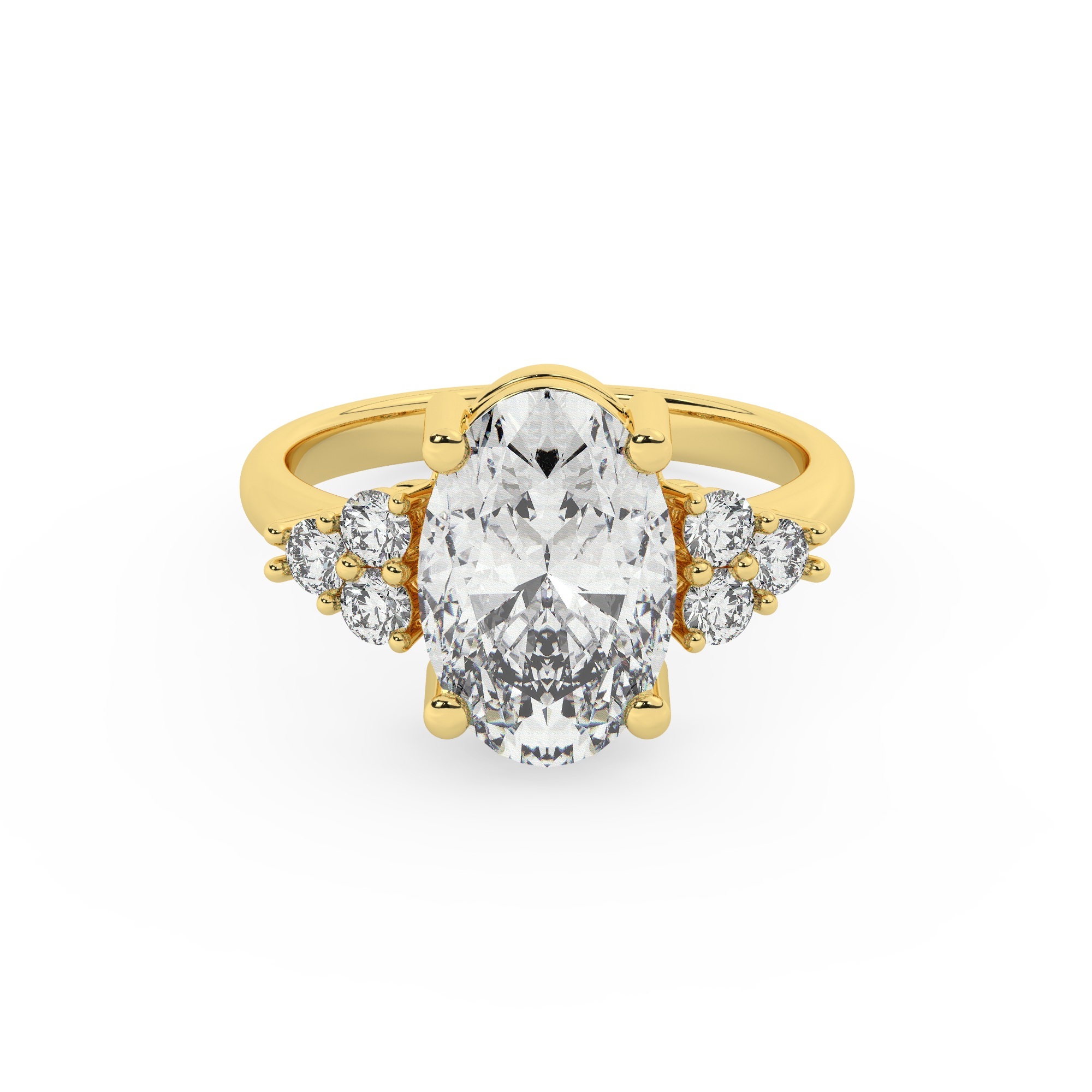 טבעת אירוסין סוליטר ומוסונייט בצדדים דגם 50041 כסף מצופה זהב צהוב במרכז אבן מעבדה מוסונייט 4 קראט בחיתוך אובל עם תעודה גמולוגית בינלאומית GRA מסביב ובצדדים אבני מעבדה מוסונייט במשקל כולל של 0.30 קראט בחיתוך עגול – תמונה 2