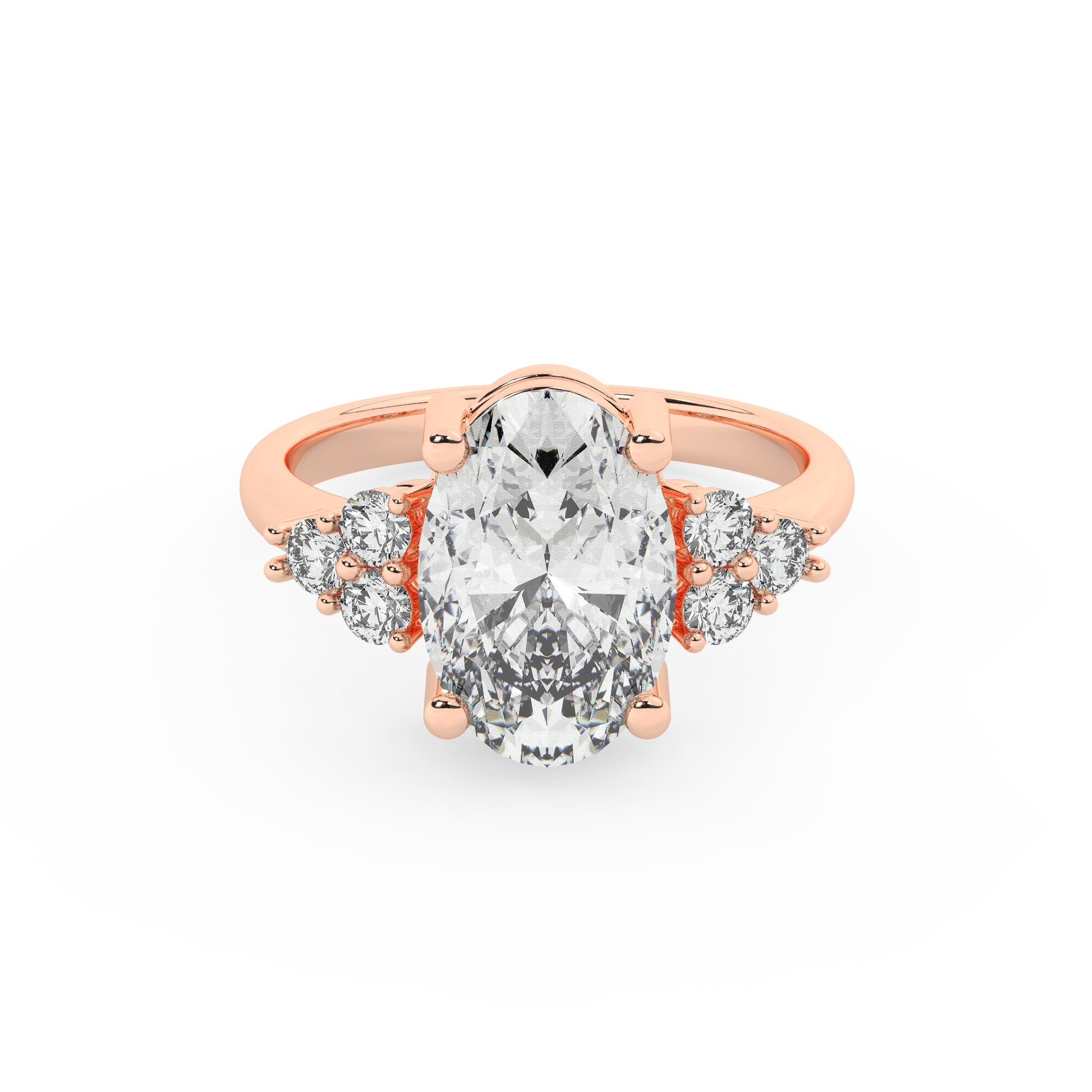 טבעת אירוסין סוליטר ומוסונייט בצדדים דגם 50041 כסף מצופה זהב אדום רוזגולד במרכז אבן מעבדה מוסונייט 4 קראט בחיתוך אובל עם תעודה גמולוגית בינלאומית GRA מסביב ובצדדים אבני מעבדה מוסונייט במשקל כולל של 0.30 קראט בחיתוך עגול – תמונה 2