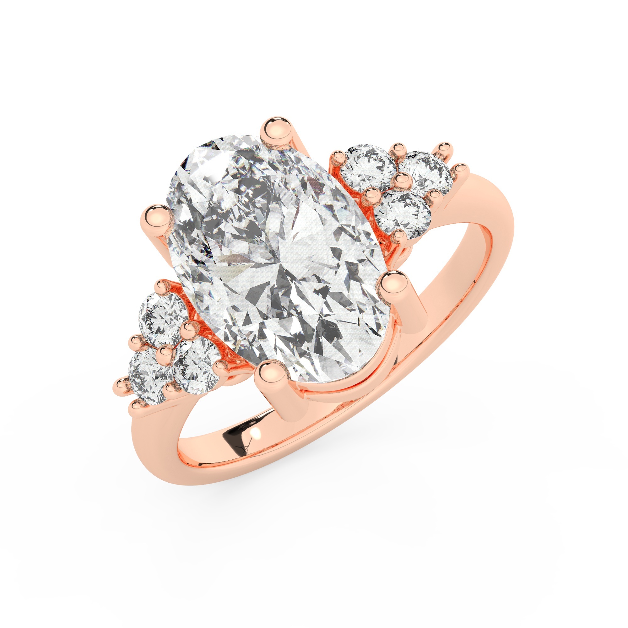 טבעת אירוסין סוליטר וזירקונים בצדדים דגם 50041 זהב אדום רוזגולד 14 קראט במרכז זירקוניה 5 קראט בחיתוך אובל מסביב ובצדדים זירקונים בחיתוך עגול