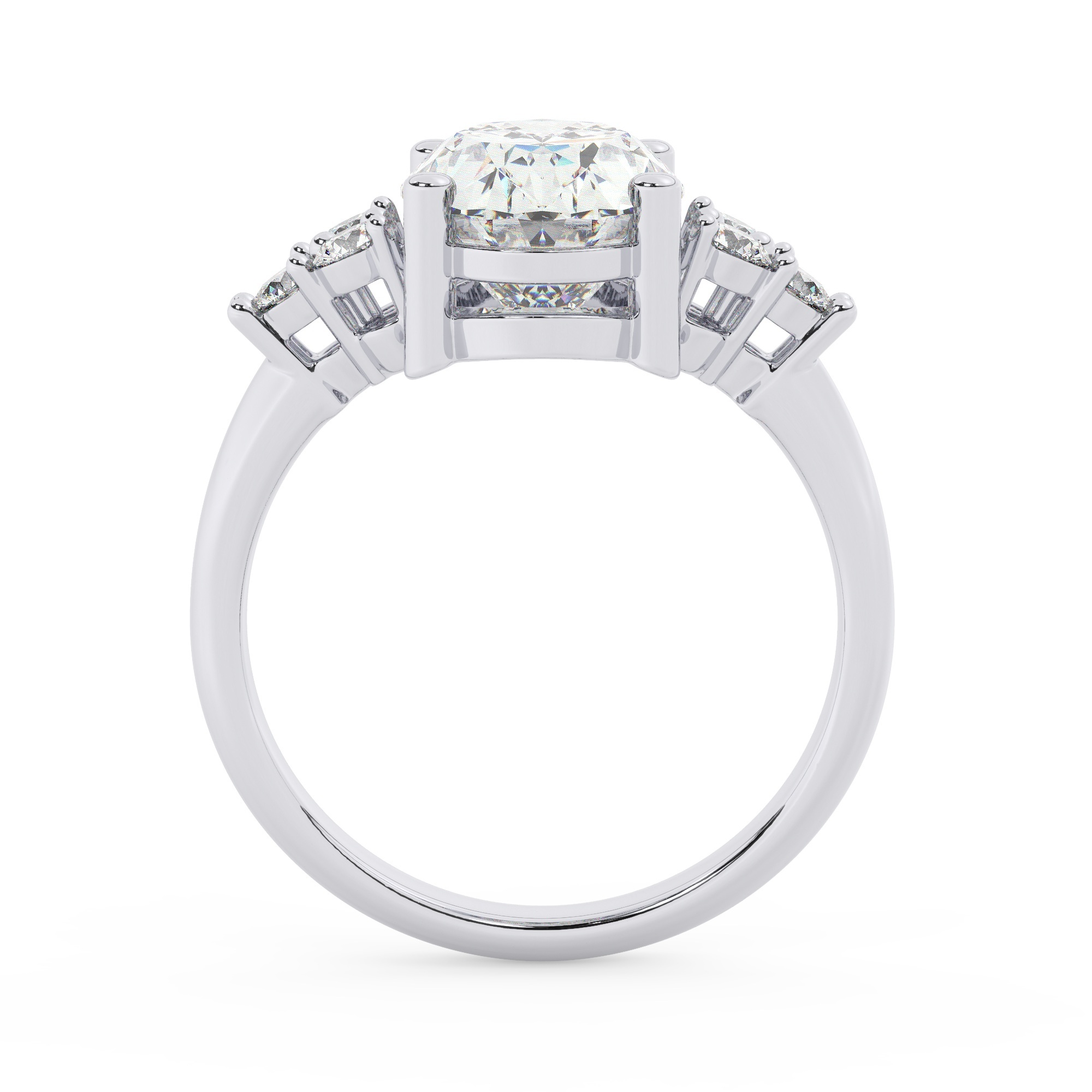 טבעת אירוסין סוליטר ומוסונייט בצדדים דגם 50041 כסף מצופה זהב לבן במרכז אבן מעבדה מוסונייט 5 קראט בחיתוך אובל עם תעודה גמולוגית בינלאומית GRA מסביב ובצדדים אבני מעבדה מוסונייט במשקל כולל של 0.30 קראט בחיתוך עגול – תמונה 3