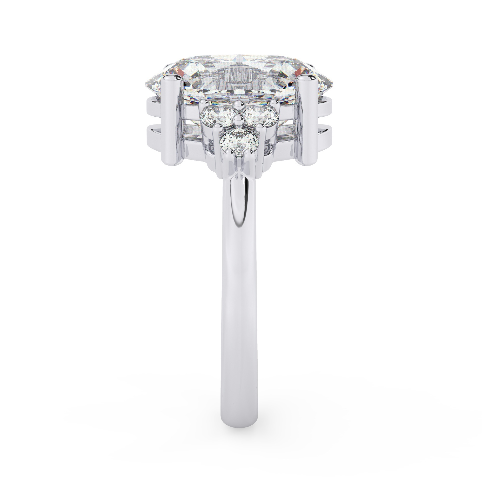 טבעת אירוסין סוליטר ומוסונייט בצדדים דגם 50041 כסף מצופה זהב לבן במרכז אבן מעבדה מוסונייט 5 קראט בחיתוך אובל עם תעודה גמולוגית בינלאומית GRA מסביב ובצדדים אבני מעבדה מוסונייט במשקל כולל של 0.30 קראט בחיתוך עגול – תמונה 4