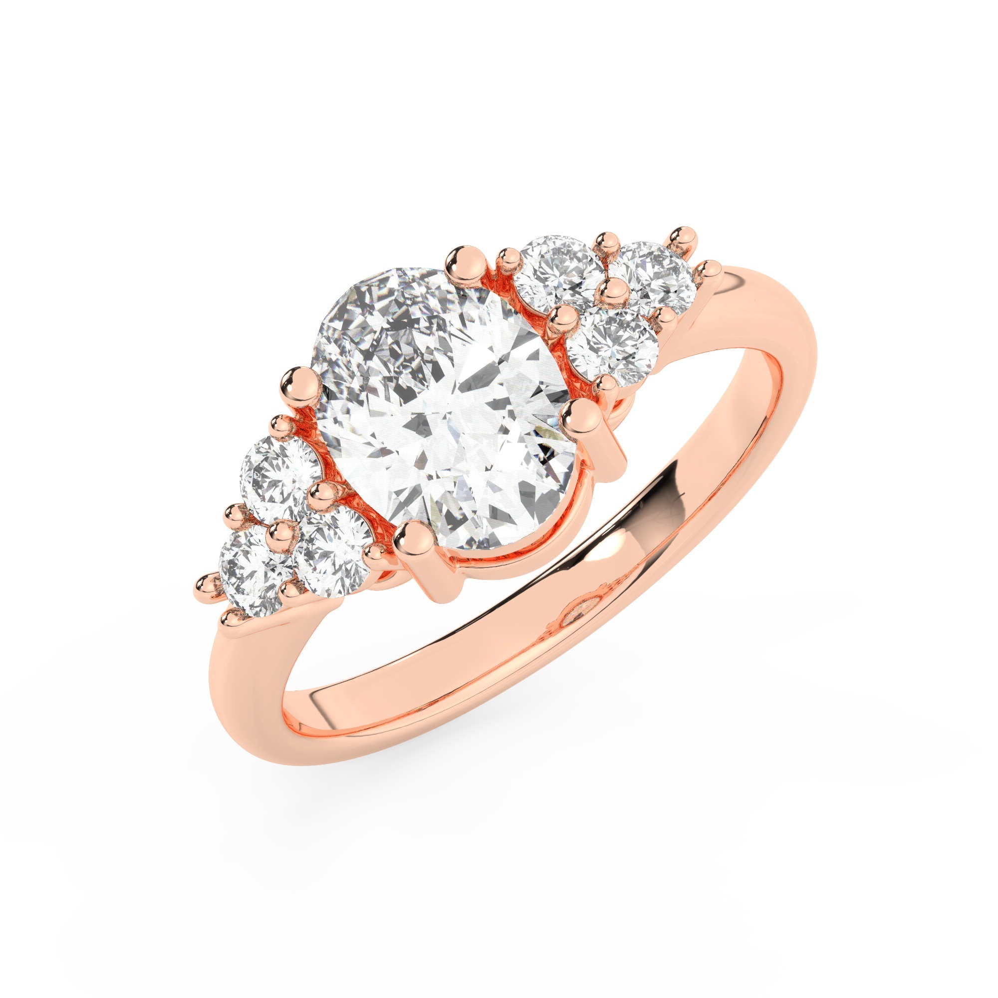 טבעת אירוסין סוליטר וזירקונים בצדדים דגם 50041 זהב אדום רוזגולד 14 קראט במרכז זירקוניה 0.50 קראט בחיתוך אובל מסביב ובצדדים זירקונים בחיתוך עגול