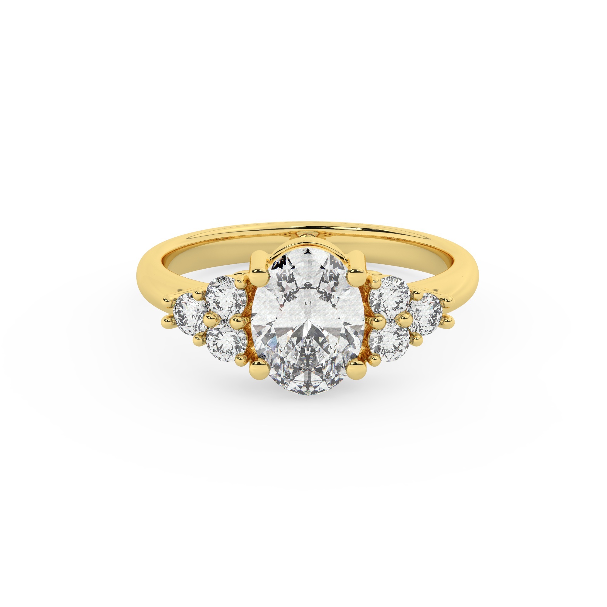 טבעת אירוסין סוליטר וזירקונים בצדדים דגם 50041 זהב צהוב 14 קראט במרכז זירקוניה 0.75 קראט בחיתוך אובל מסביב ובצדדים זירקונים בחיתוך עגול – תמונה 2